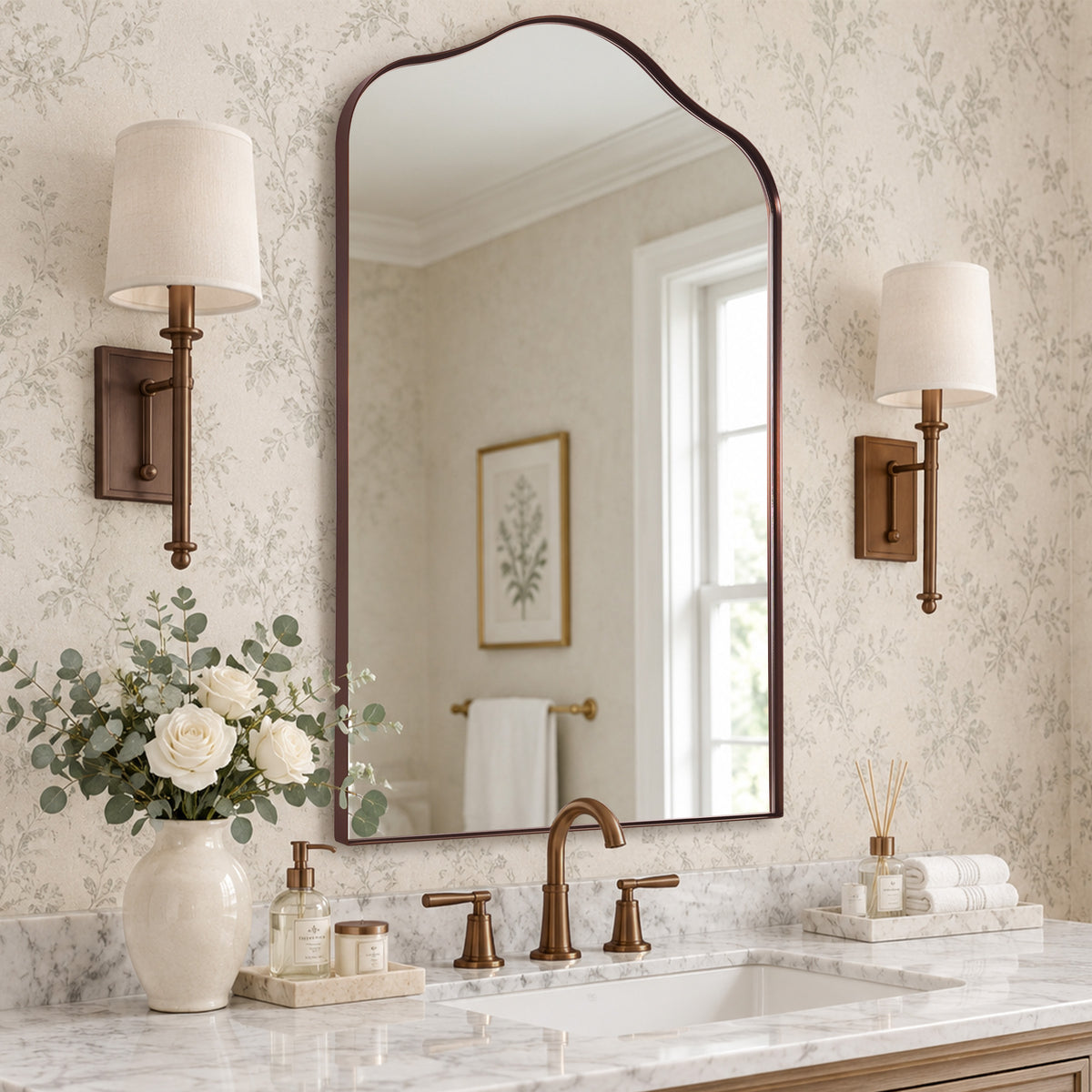 Contemporary Arched Scalloped Bathroom Vanity Mirror | Stainless Steel Frame