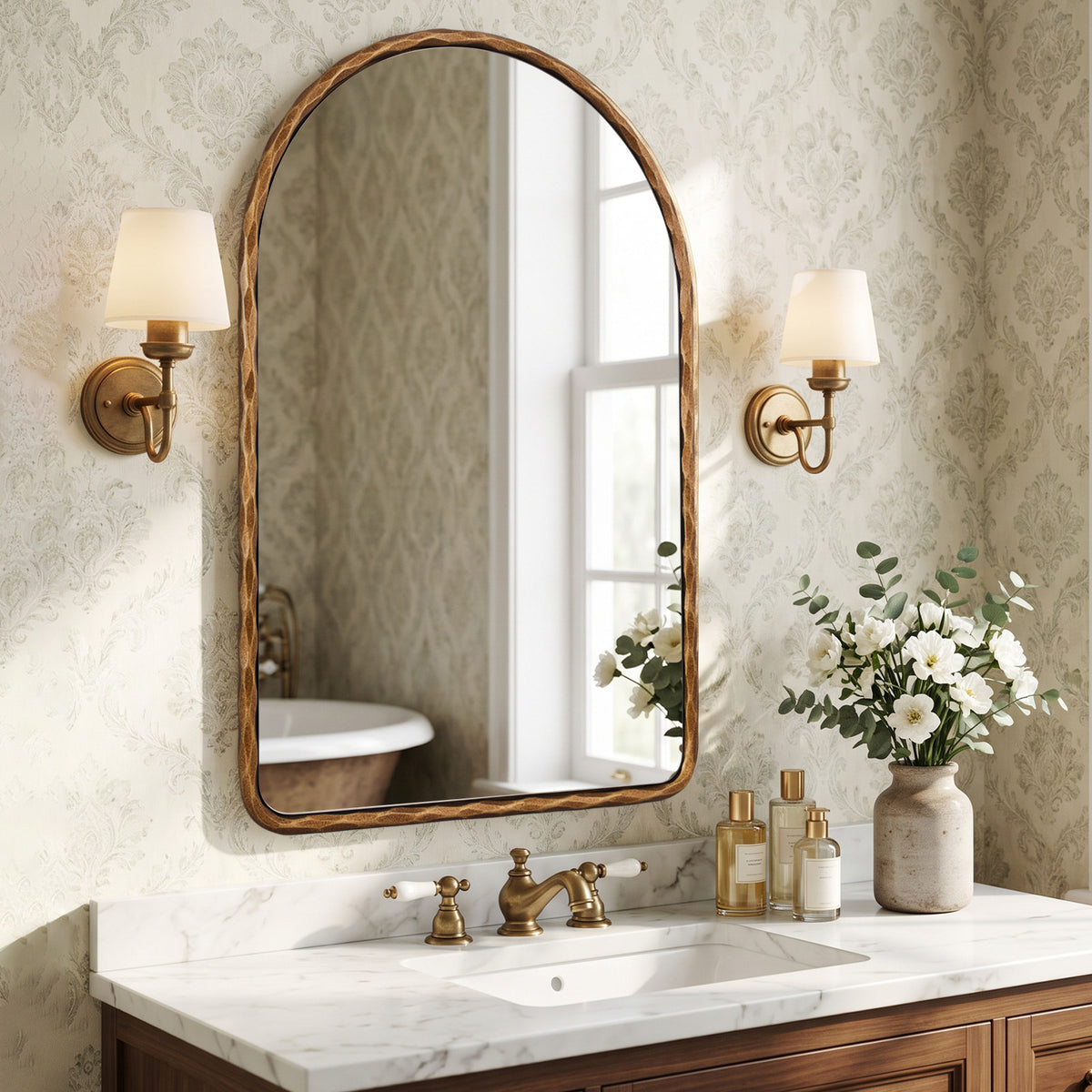 Antique Hand-Forged Iron Framed Arched Wrought Iron Bathroom Wall Mirror