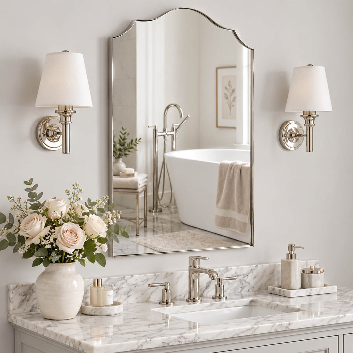 Contemporary Arched Curved Scalloped Mirror Bathroom Vanity Mirror | Stainless Steel Frame