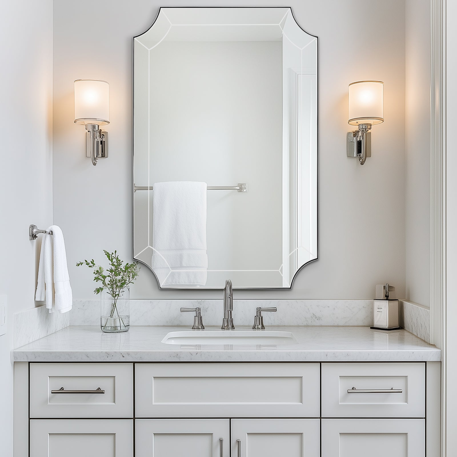 Minuette Glass Tiles Edge Scalloped Bathroom Vanity Mirrors | Stainless Steel Frame