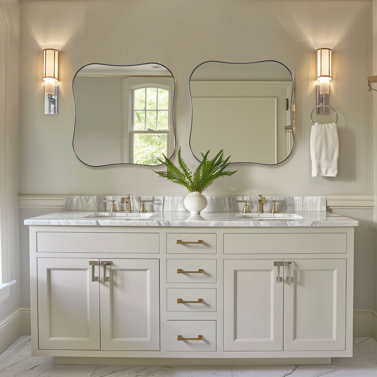 Contemporary Square Scalloped Bathroom Mirrors | 30Inch,Stainless Steel Framed