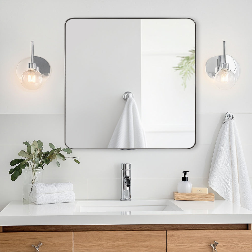 Open Box Like New : Modern Rounded Rectangle Mirror for Bathroom/ Vanity/ Wall | Stainless Steel Frame