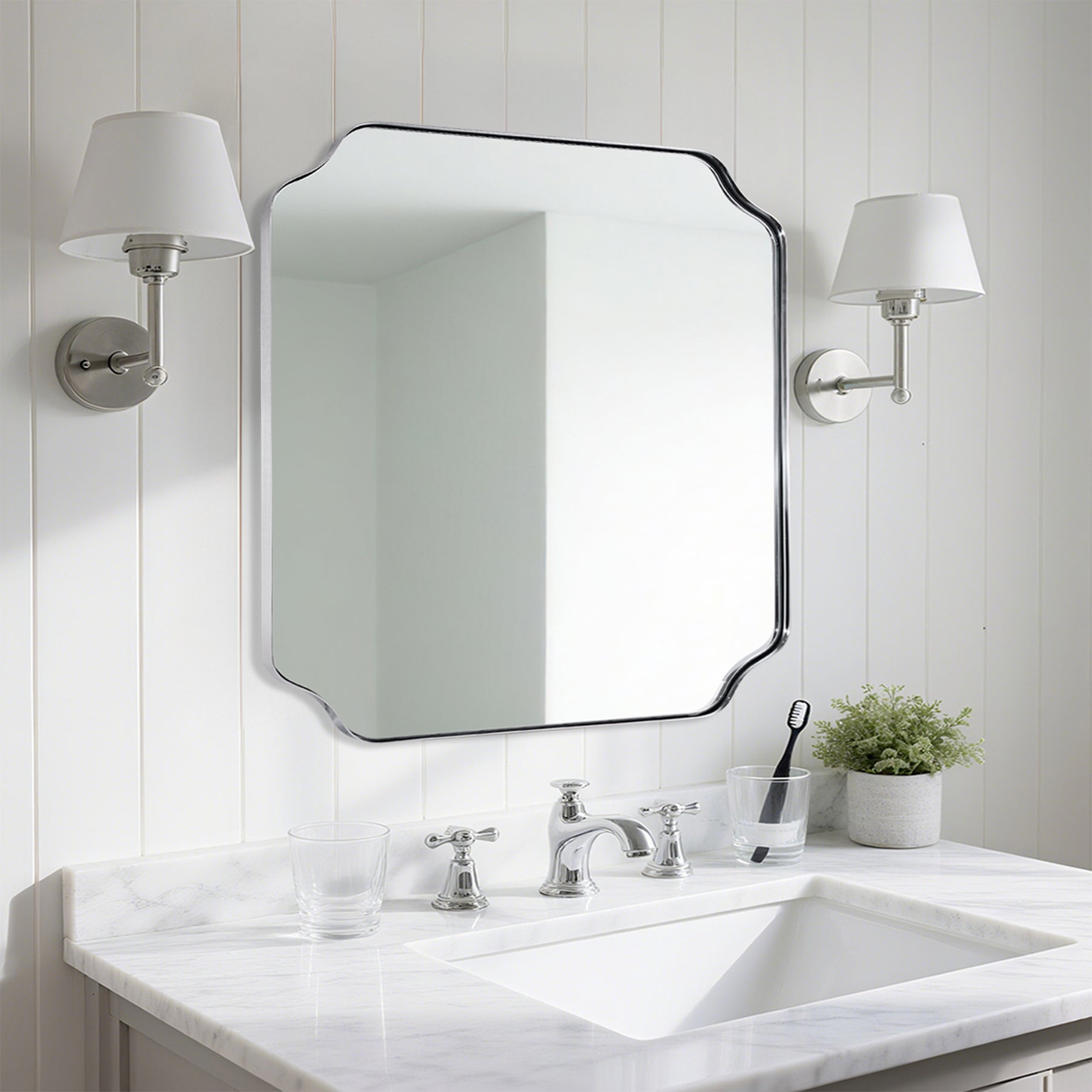 Contemporary Notched Corner Rectangle Scalloped Mirror for Wall /Bathroom | Stainless Steel Frame