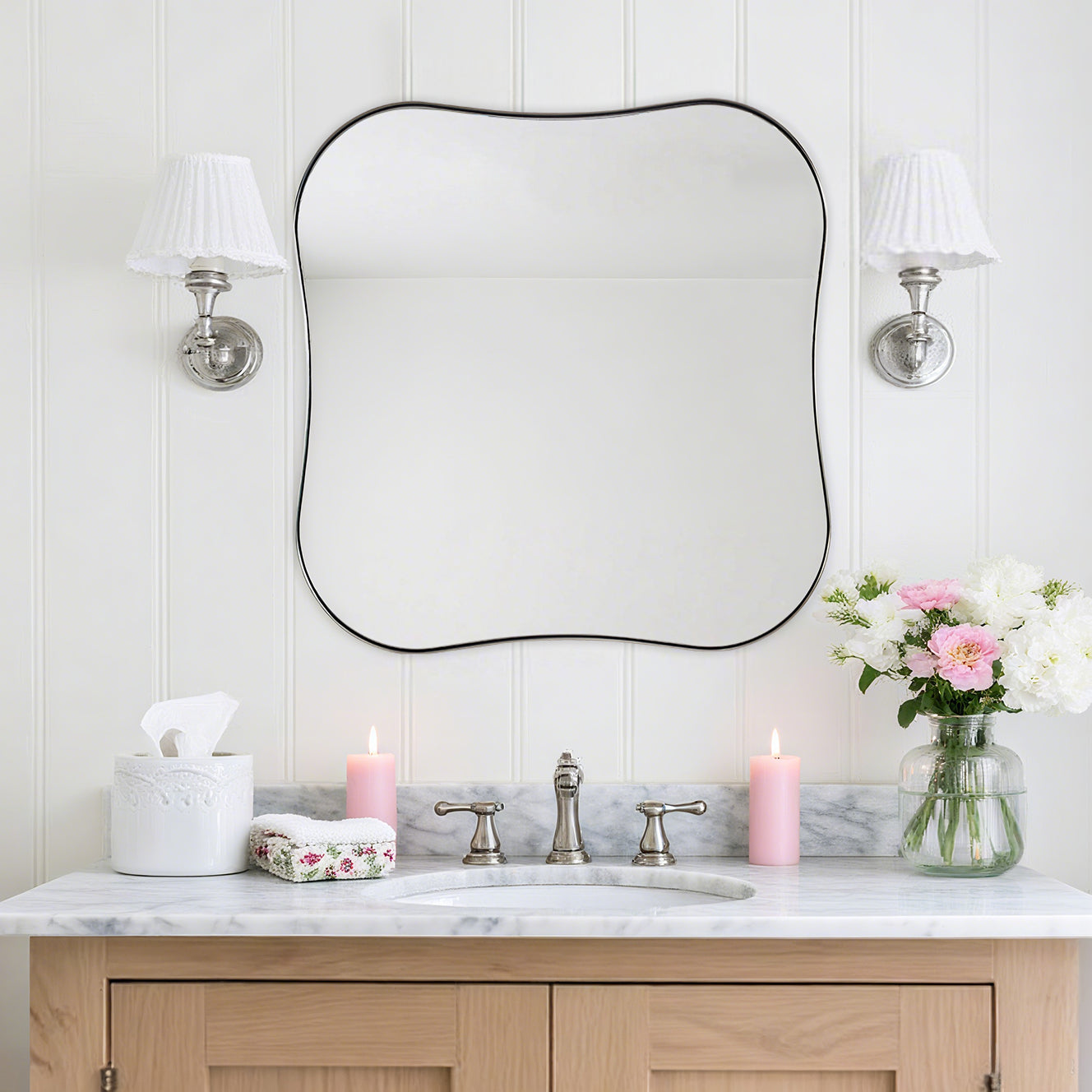 Contemporary Square Scalloped Bathroom Mirrors | 30Inch,Stainless Steel Framed