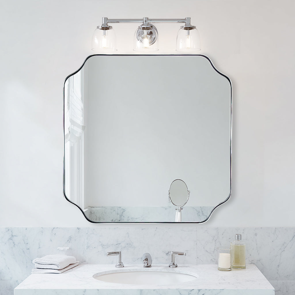 Contemporary Notched Corner Rectangle Scalloped Mirror for Wall /Bathroom | Stainless Steel Frame