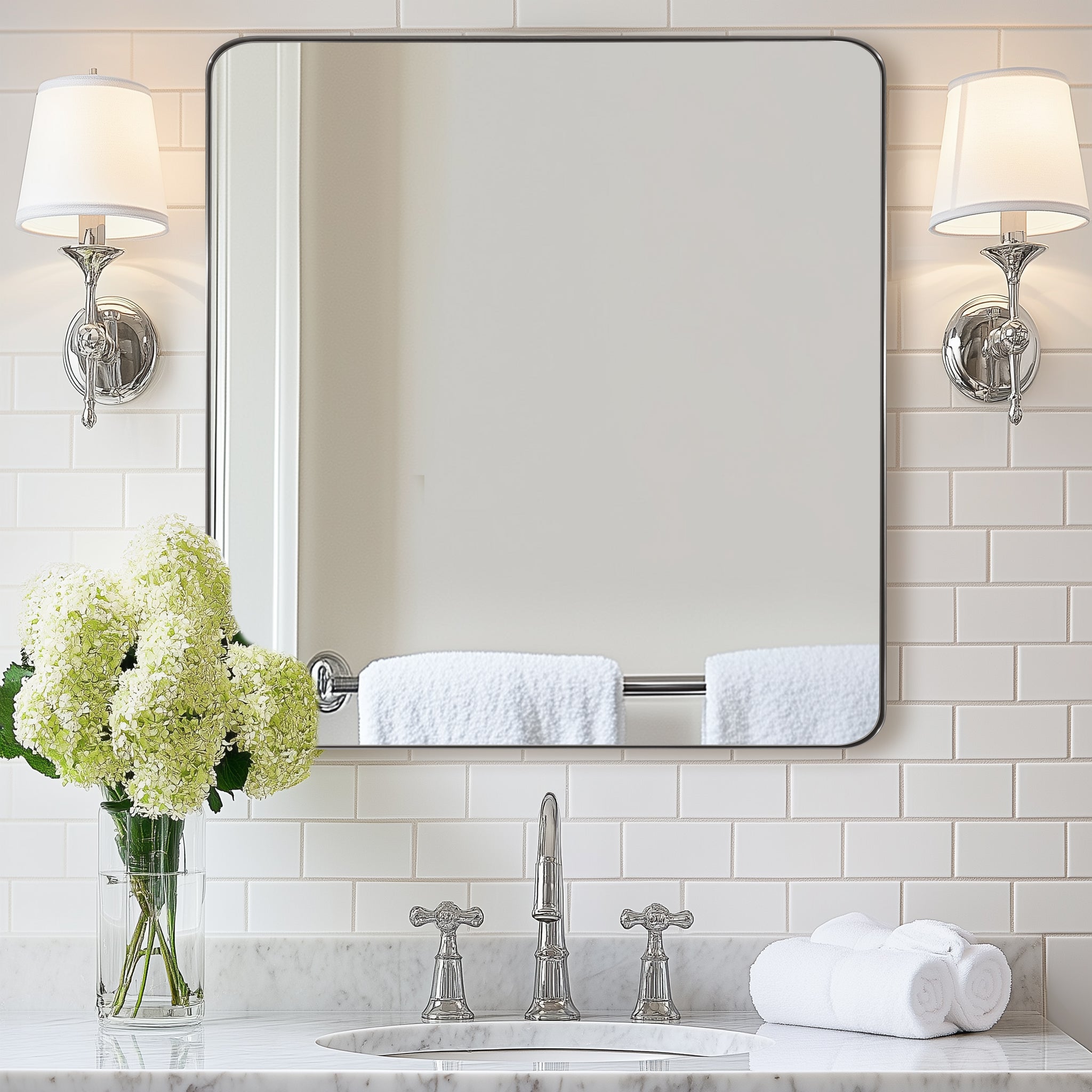 Open Box Like New : Modern Rounded Rectangle Mirror for Bathroom/ Vanity/ Wall | Stainless Steel Frame