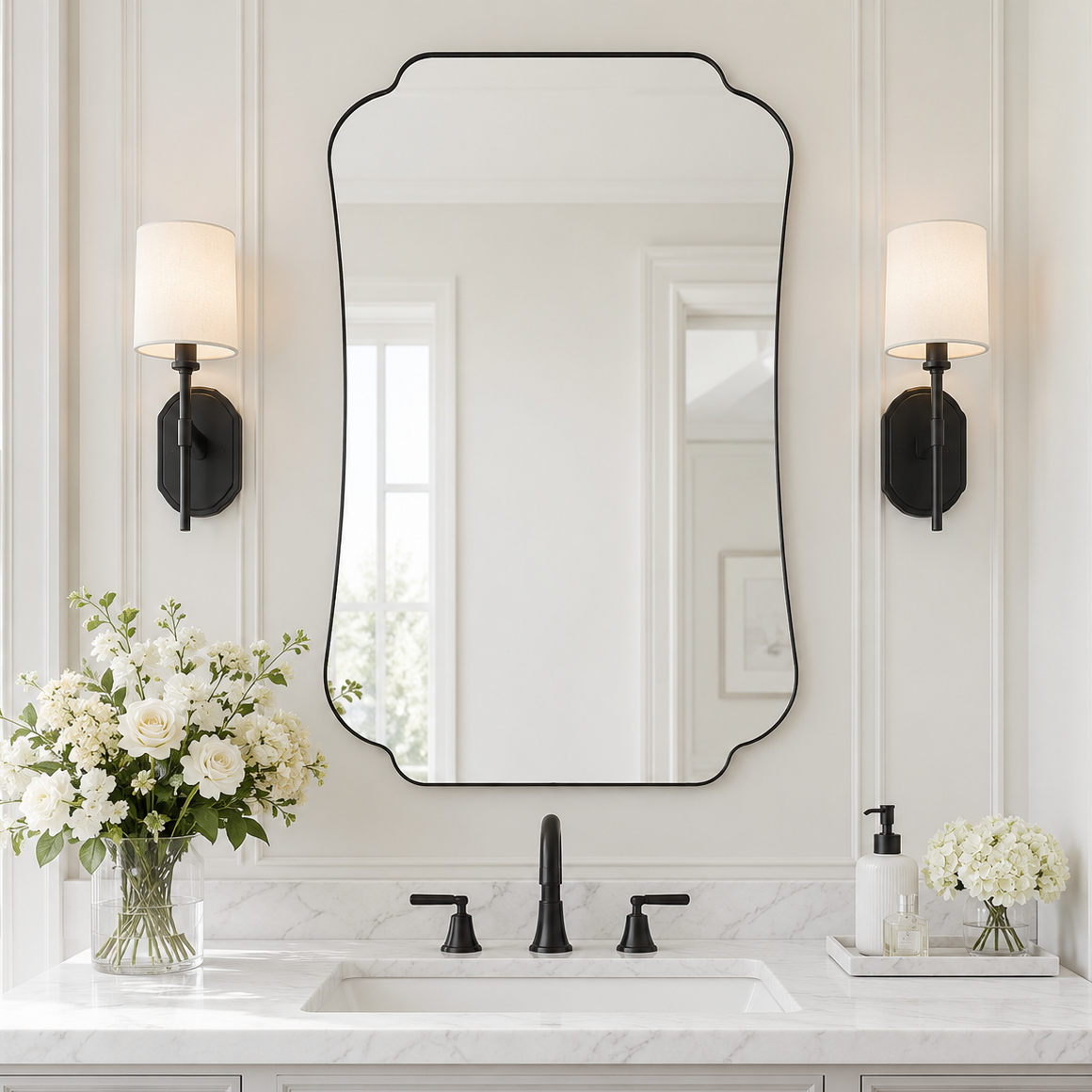 Contemporary Cut Corner Concave Edge Scalloped Bathroom Mirror | Stainless Steel Frame