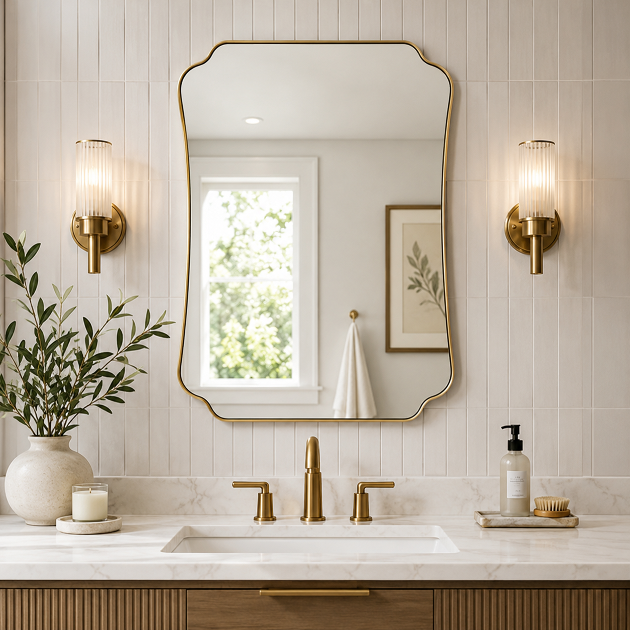 Contemporary Cut Corner Concave Edge Scalloped Bathroom Mirror | Stainless Steel Frame