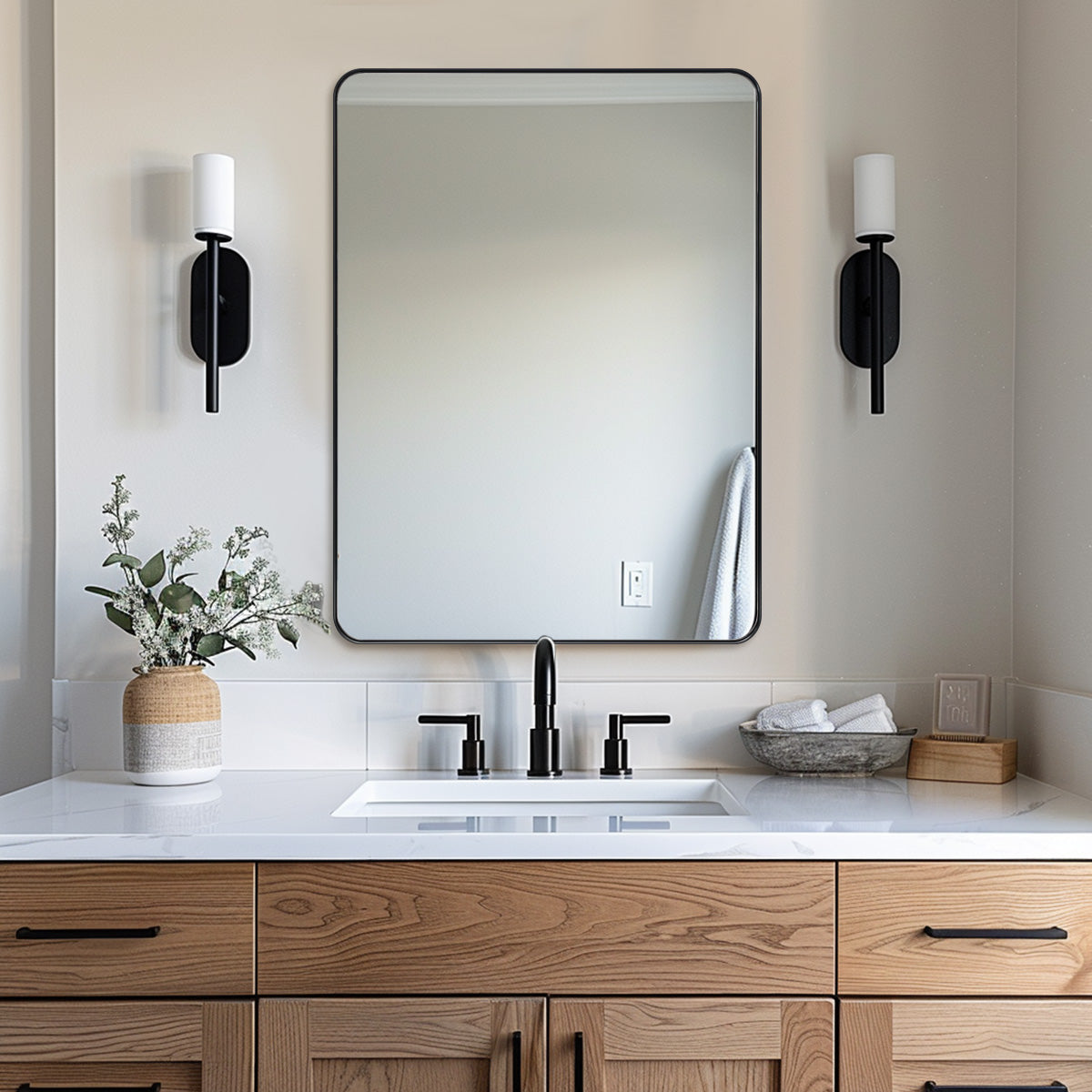 Modern Rounded Rectangular Bathroom Wall Mirrors with Aluminum Frame
