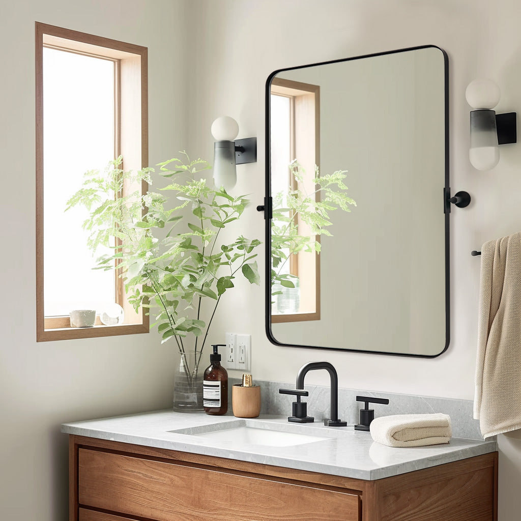 MOON MIRROR Matte Black Pivot Tilt Rectangle Bathroom/ Vanity Mirrors | Stainless Steel Frame