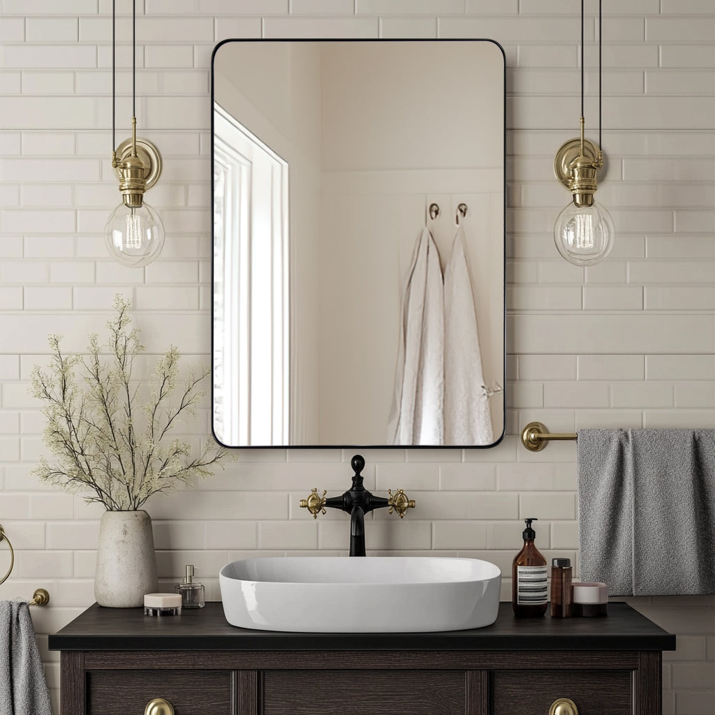 Open Box Like New : Modern Rounded Rectangle Mirror for Bathroom/ Vanity/ Wall | Stainless Steel Frame