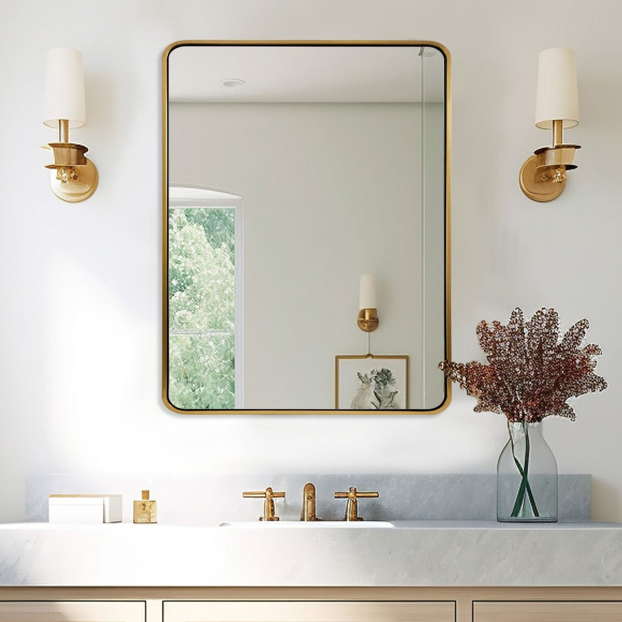 Modern Bold Framed Rectangle Wall Mirrors for Bathroom Wall| Stainless Steel Framed