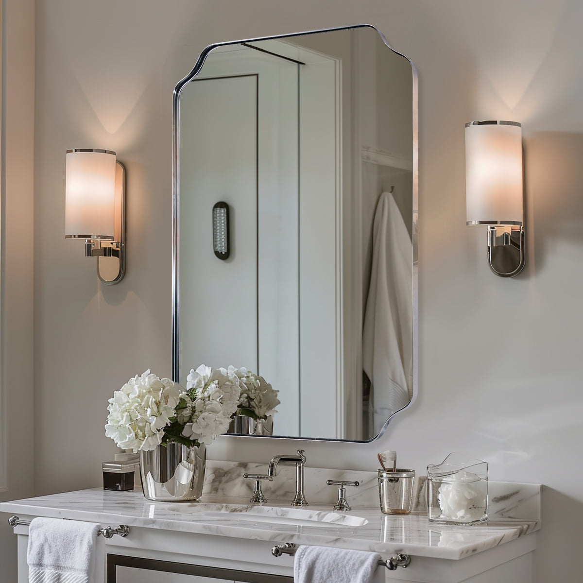 Modern Cut Corner Rectangle Scalloped Mirror for Wall /Bathroom | Stainless Steel Frame