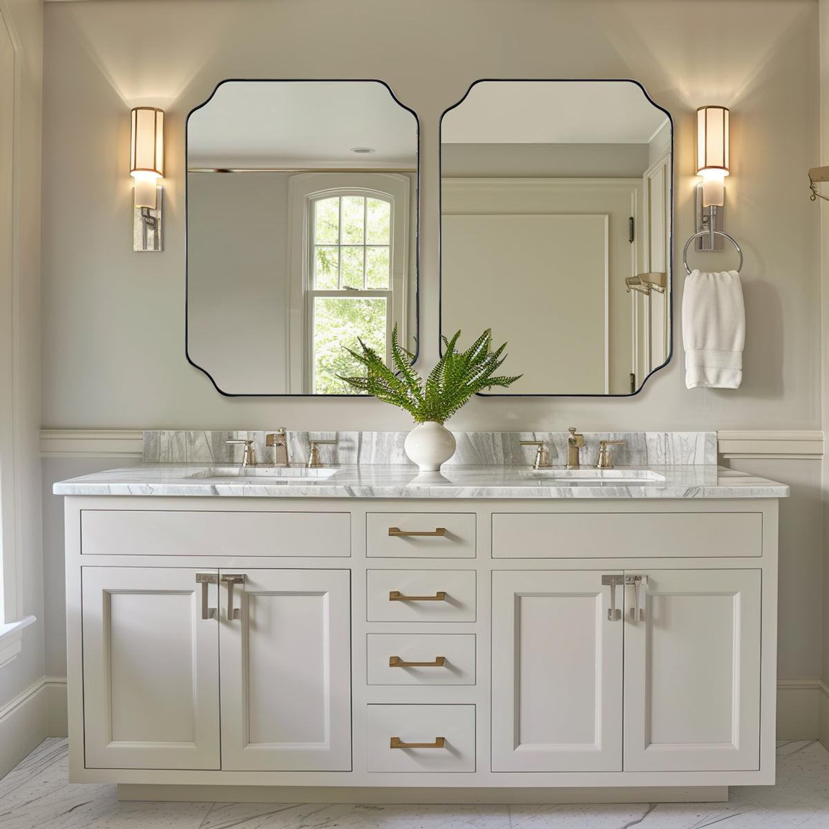 Modern Cut Corner Rectangle Scalloped Mirror for Wall /Bathroom | Stainless Steel Frame