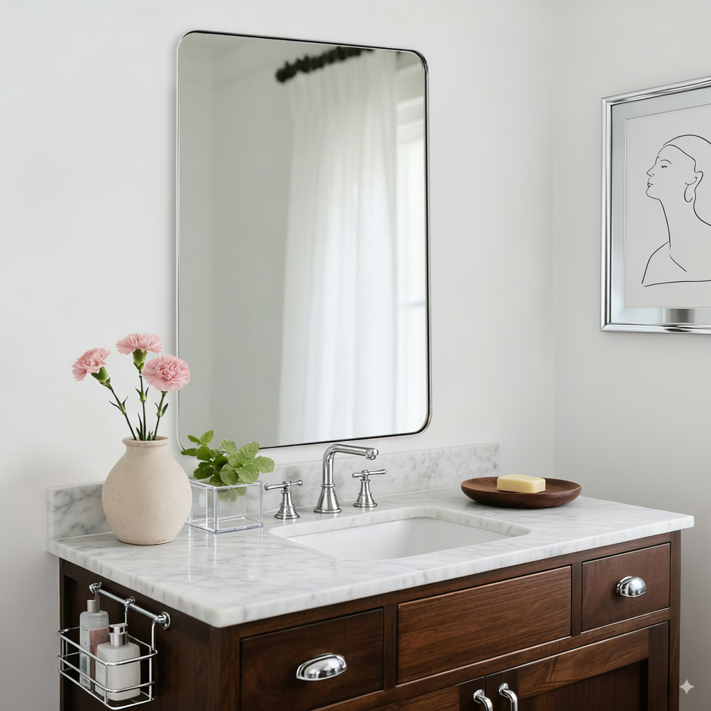 Modern Rounded Rectangle Mirror for Bathroom/ Vanity/ Wall | Stainless Steel Frame