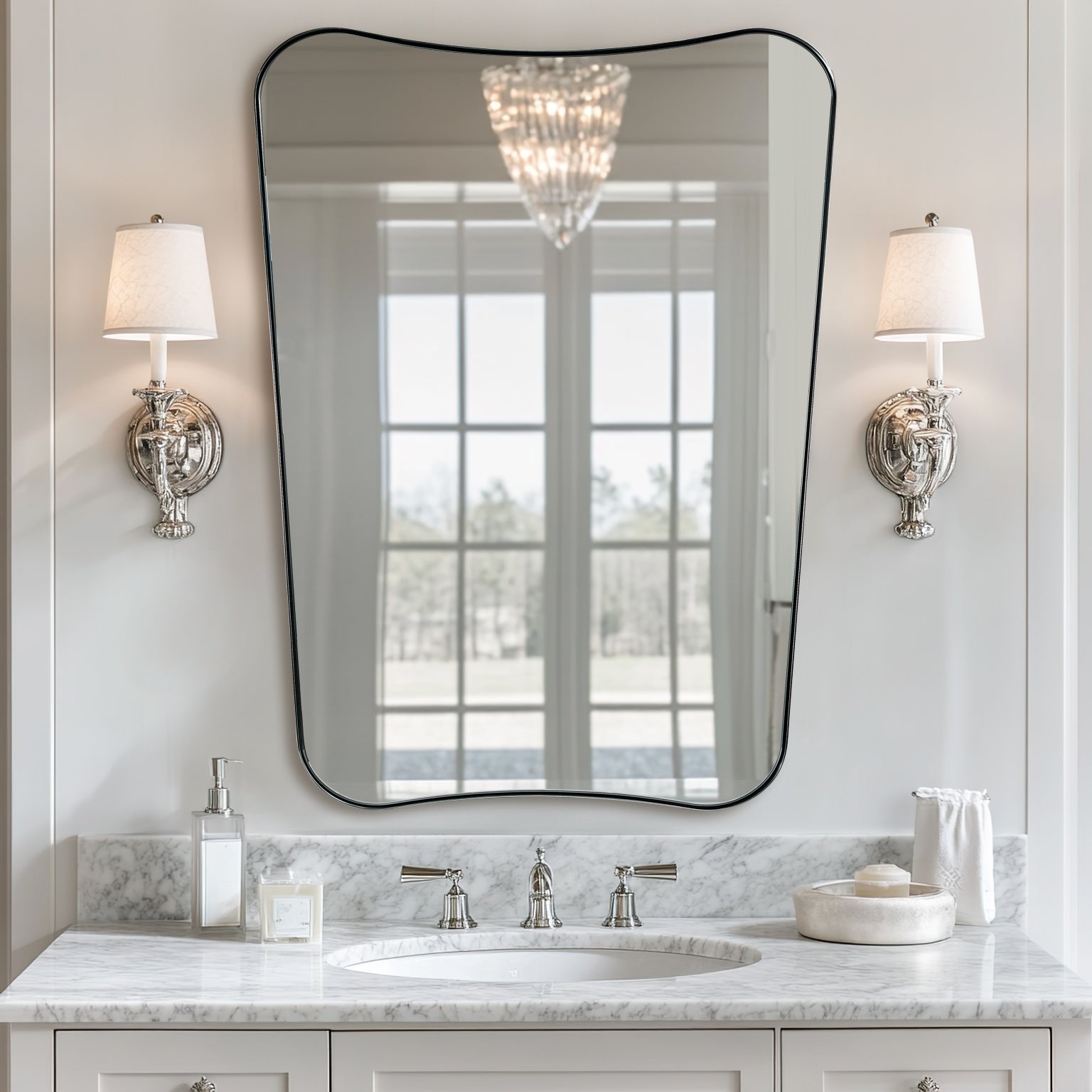 Contemporary Concave Scalloped Irregular Wall Mirror for Bathroom |Stainless Steel Frame
