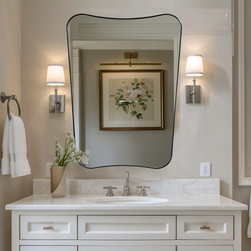 Modern Concave Top Rectangle Irregular Scalloped Bathroom Wall Mirror |Stainless Steel Frame
