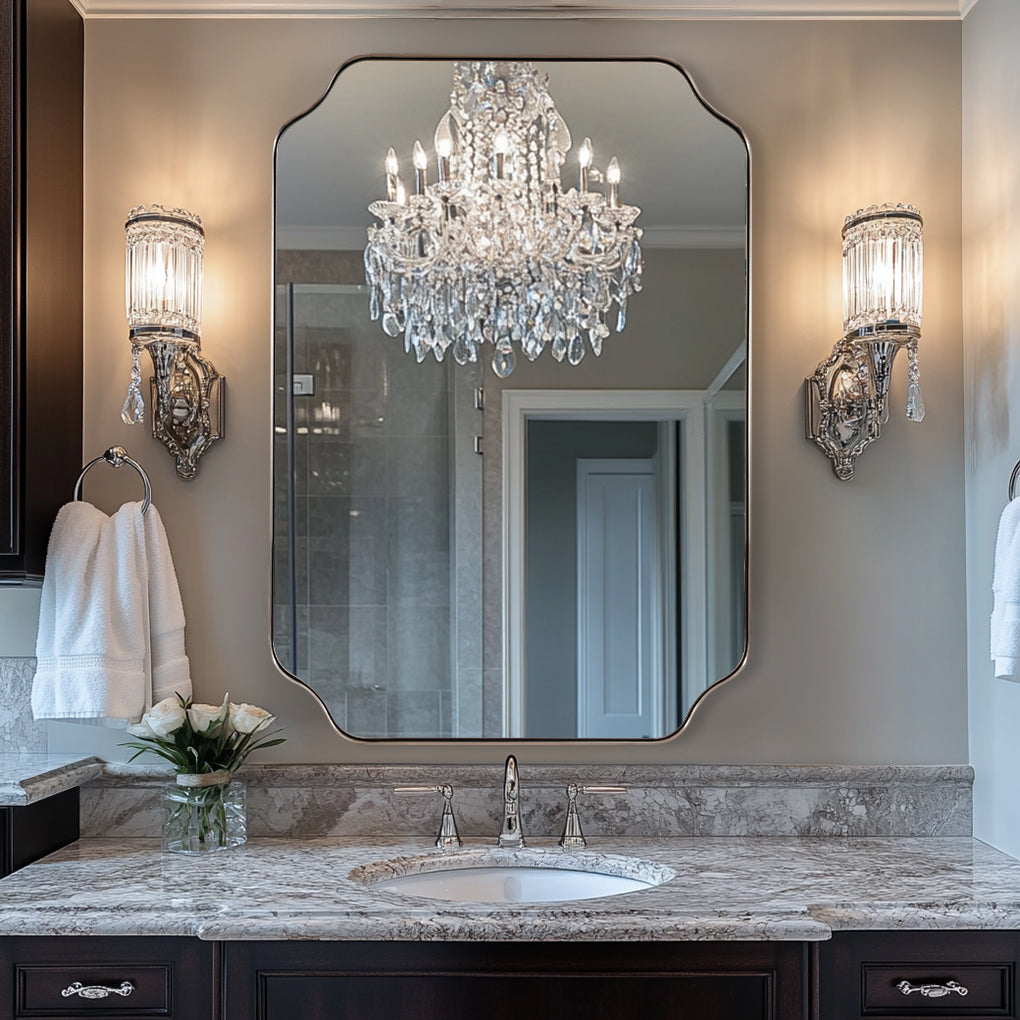 Contemporary Notched Corner Rectangle Scalloped Mirror for Wall /Bathroom | Stainless Steel Frame