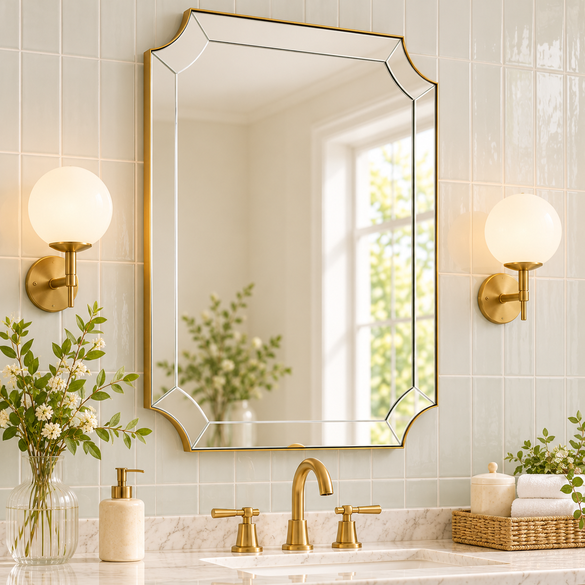 Luxury Glass Tiles Edge Cut Corner Scalloped Bathroom Vanity Mirrors | Stainless Steel Frame