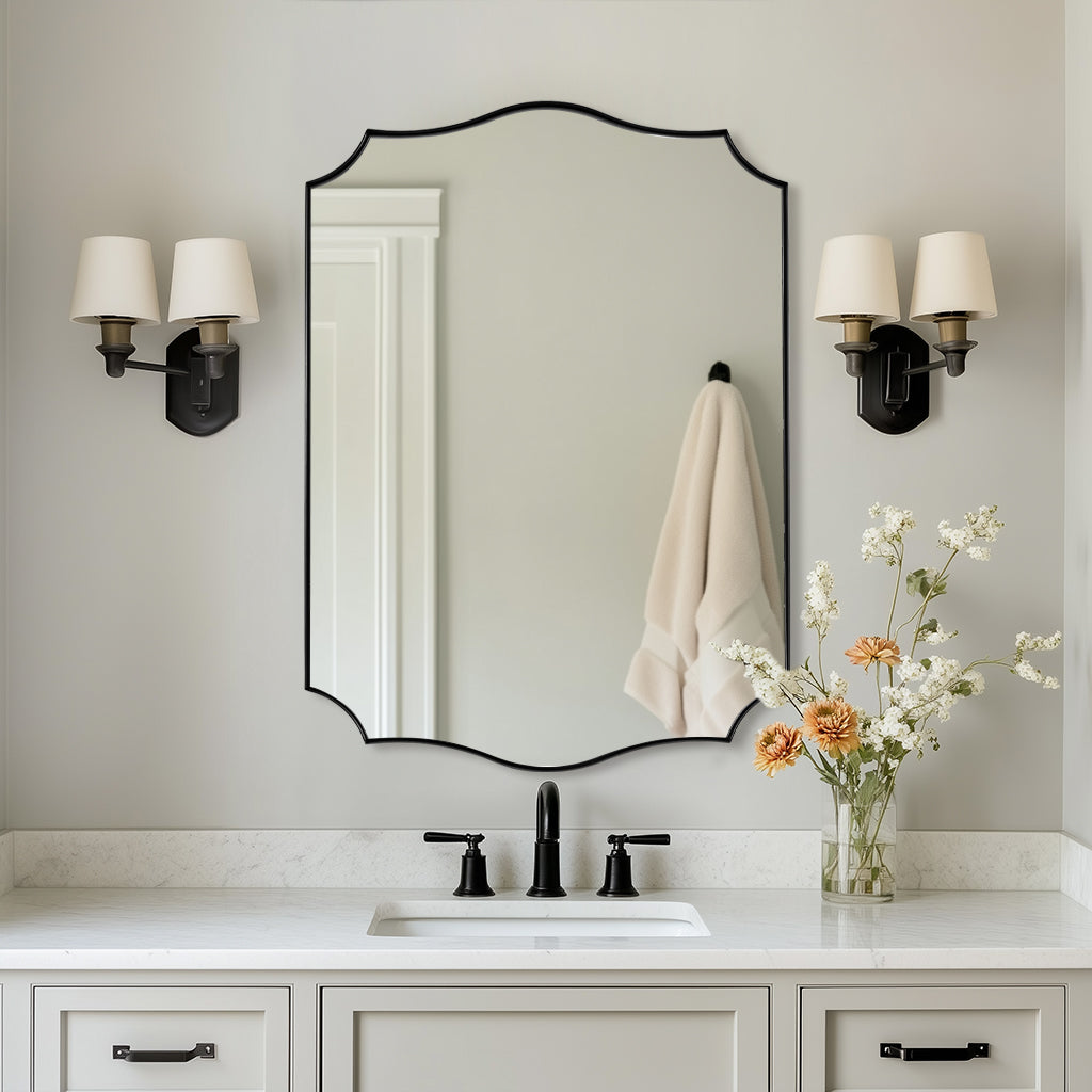 Traditional Rectangle Scalloped Wall Mirror for Bathroom | Stainless Steel Frame