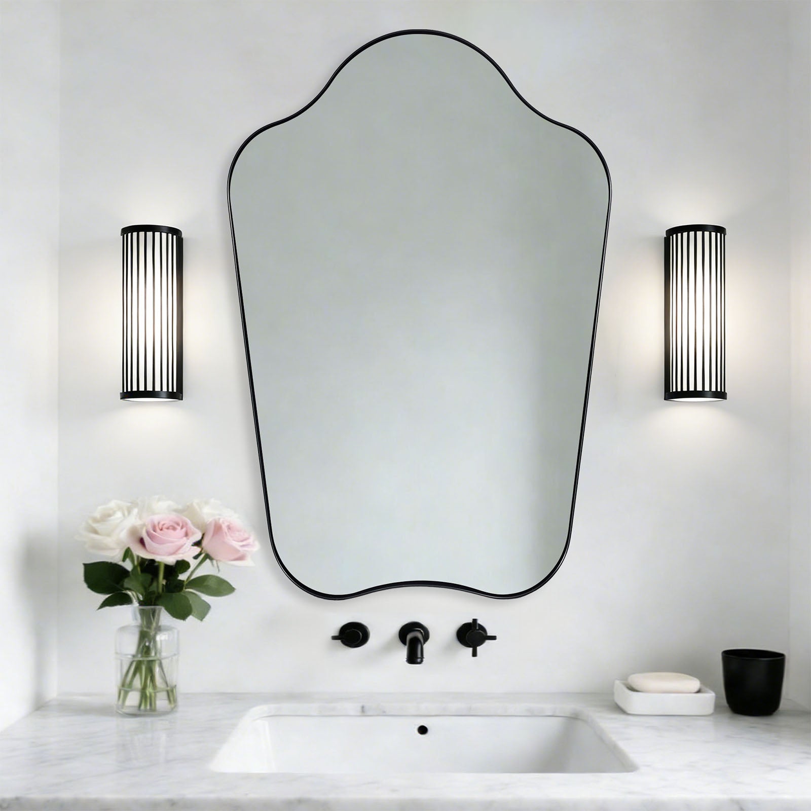 Contemporary Dual Arch Wall Mirror Irregular Scalloped Bathroom Mirror | Stainless Steel Frame
