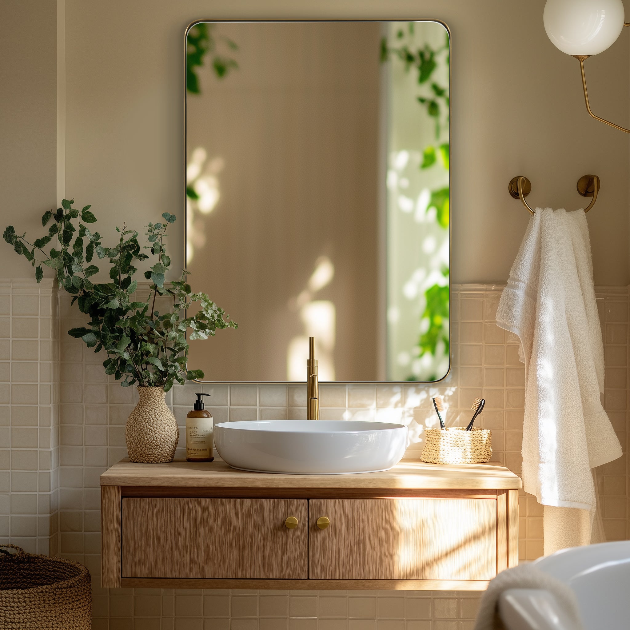 Open Box Like New : Modern Rounded Rectangle Mirror for Bathroom/ Vanity/ Wall | Stainless Steel Frame