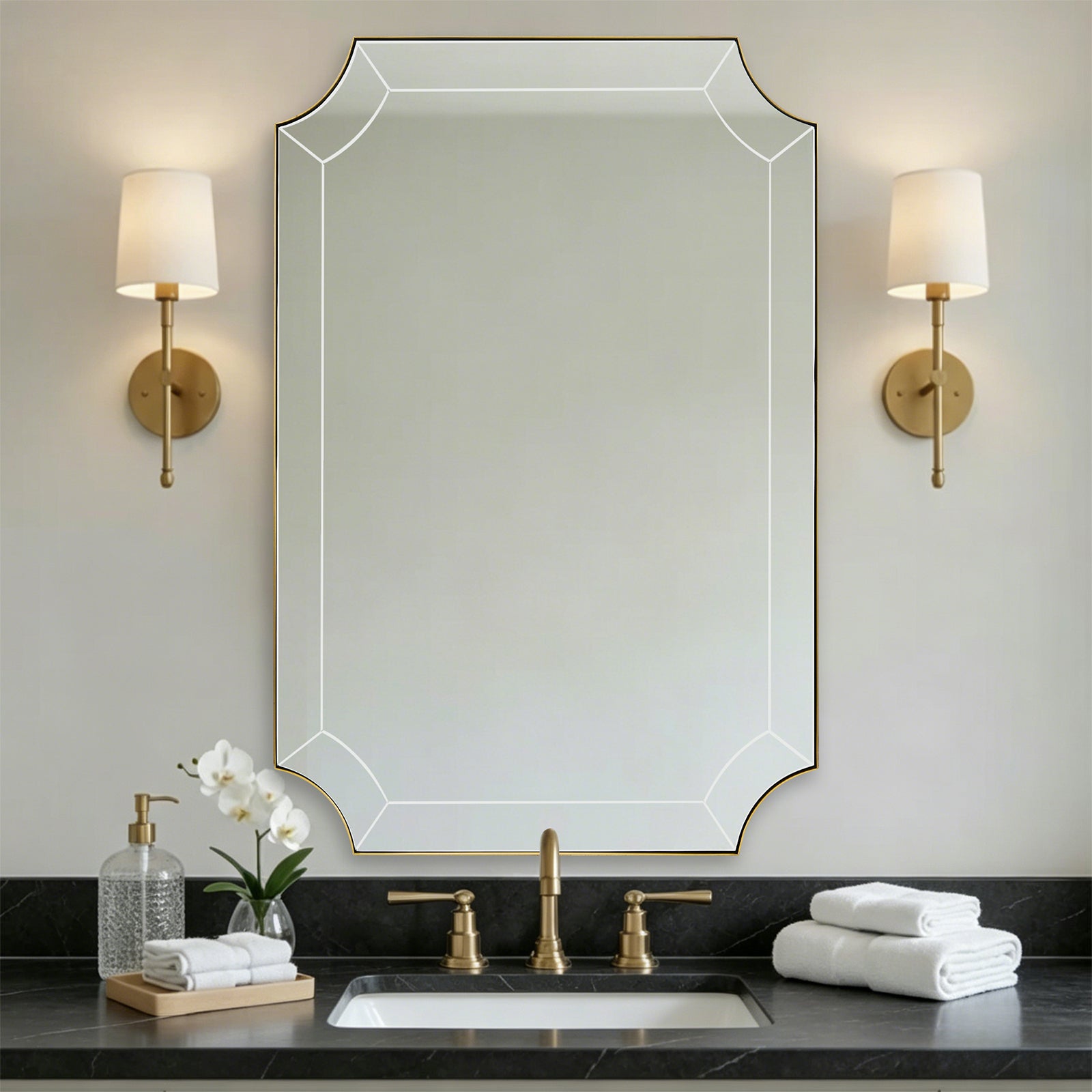 Minuette Glass Tiles Edge Scalloped Bathroom Vanity Mirrors | Stainless Steel Frame