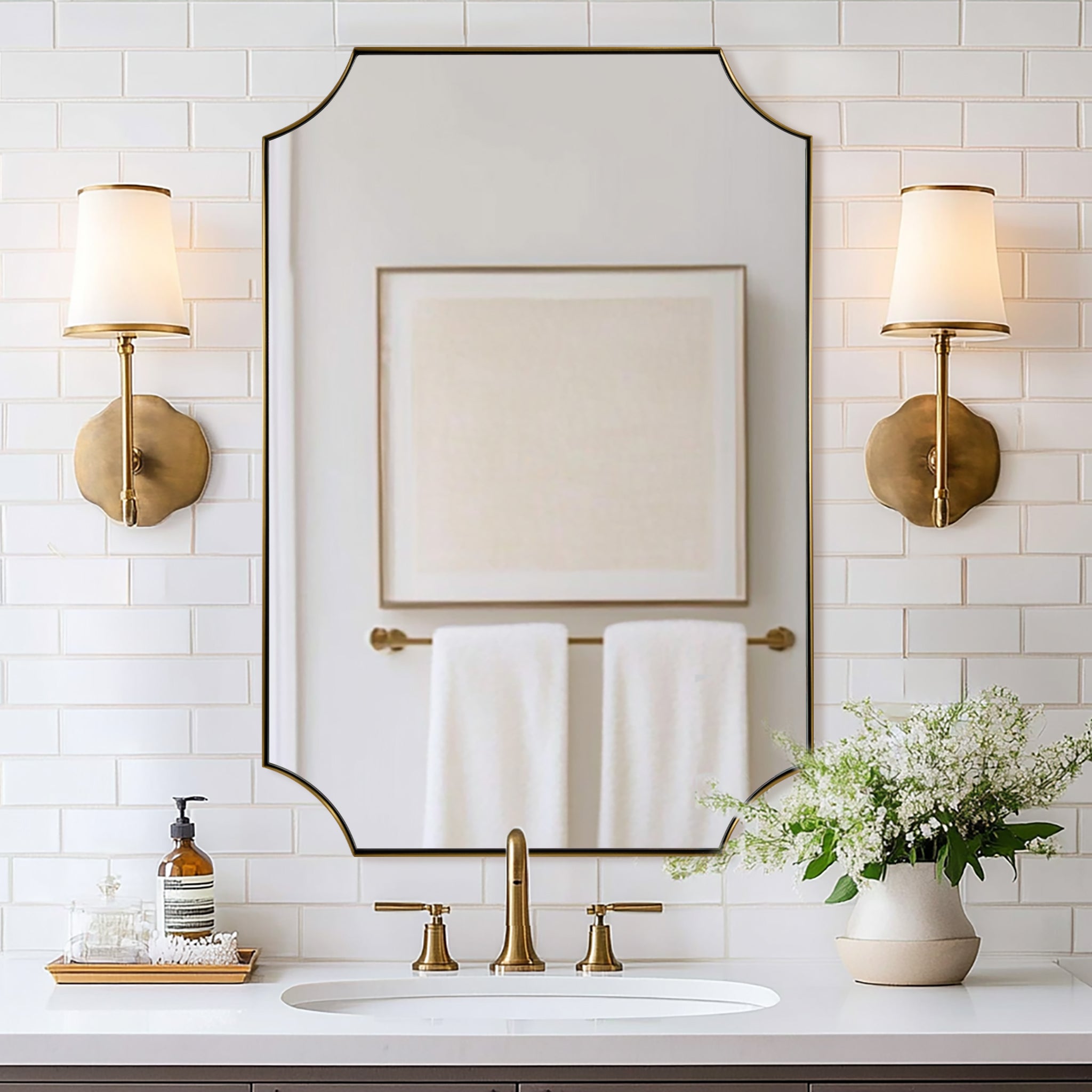 Contemporary Notched Corner Scalloped Rectangle Bathroom Vanity Mirror | Stainless Steel Frame