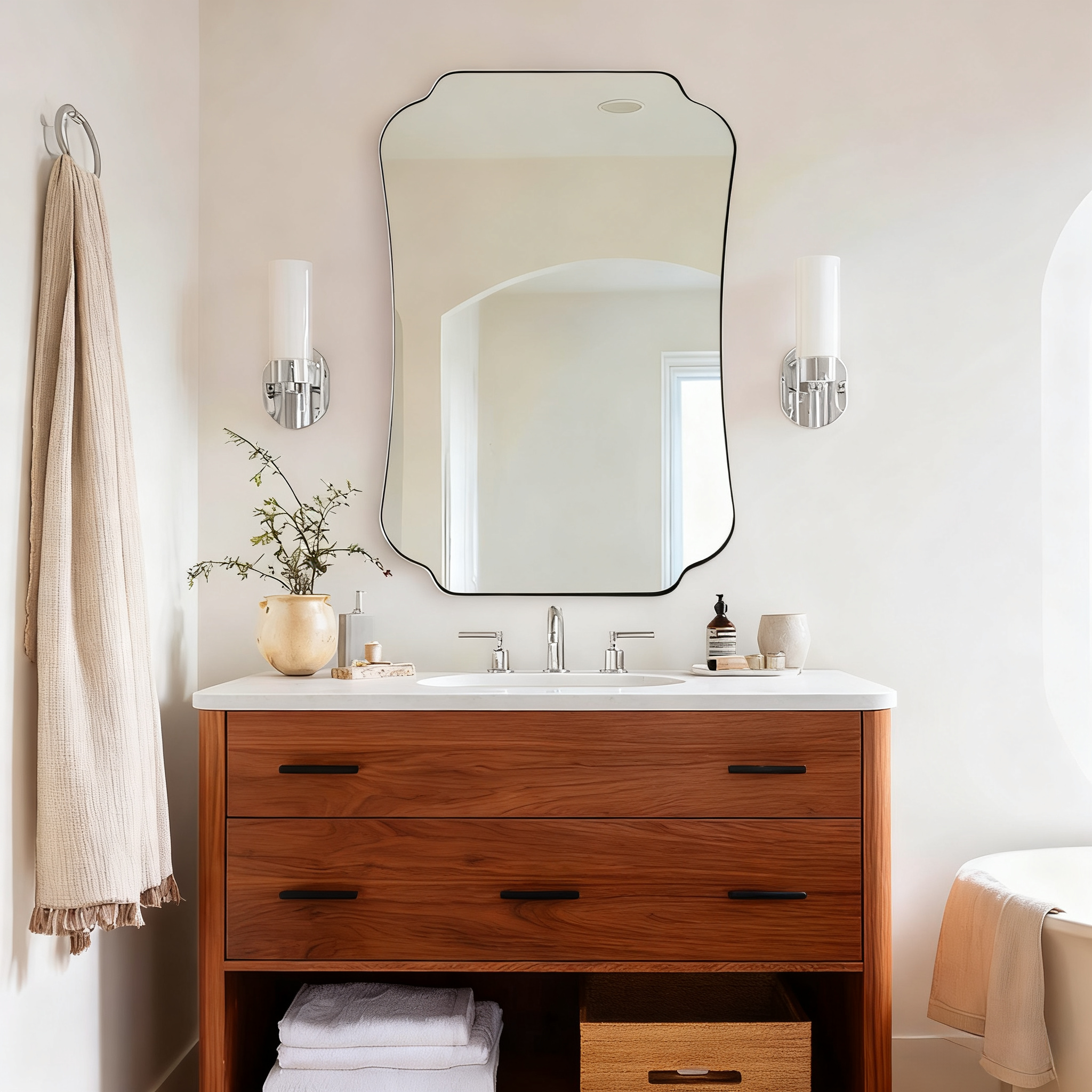 Contemporary Concave Edge Scalloped Bathroom Mirror Decorative | Stainless Steel Frame