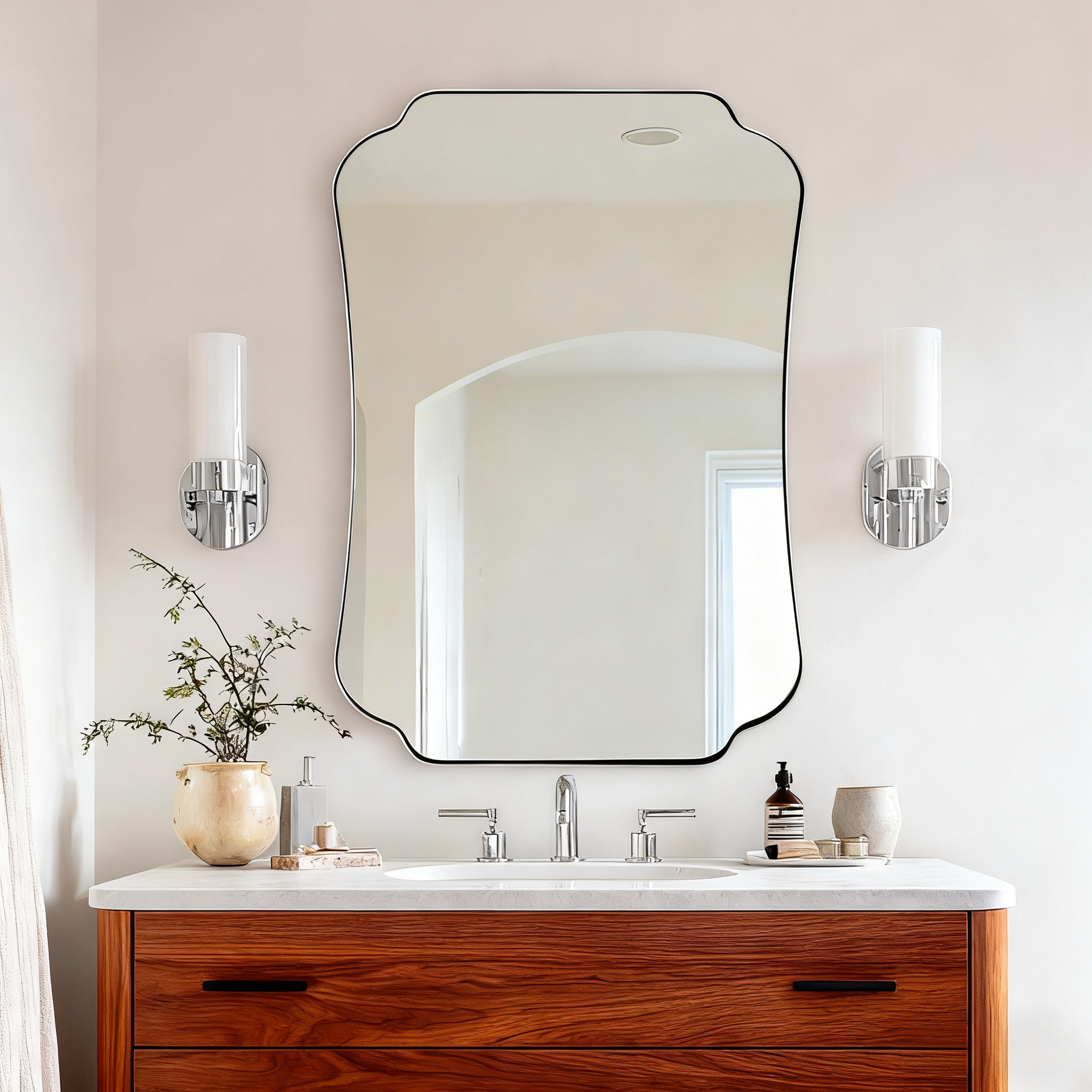 Contemporary Concave Edge Scalloped Bathroom Mirror Decorative | Stainless Steel Frame