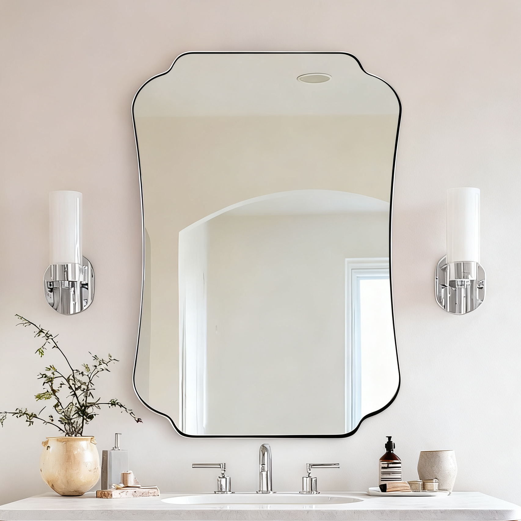 Contemporary Cut Corner Concave Edge Scalloped Bathroom Mirror | Stainless Steel Frame