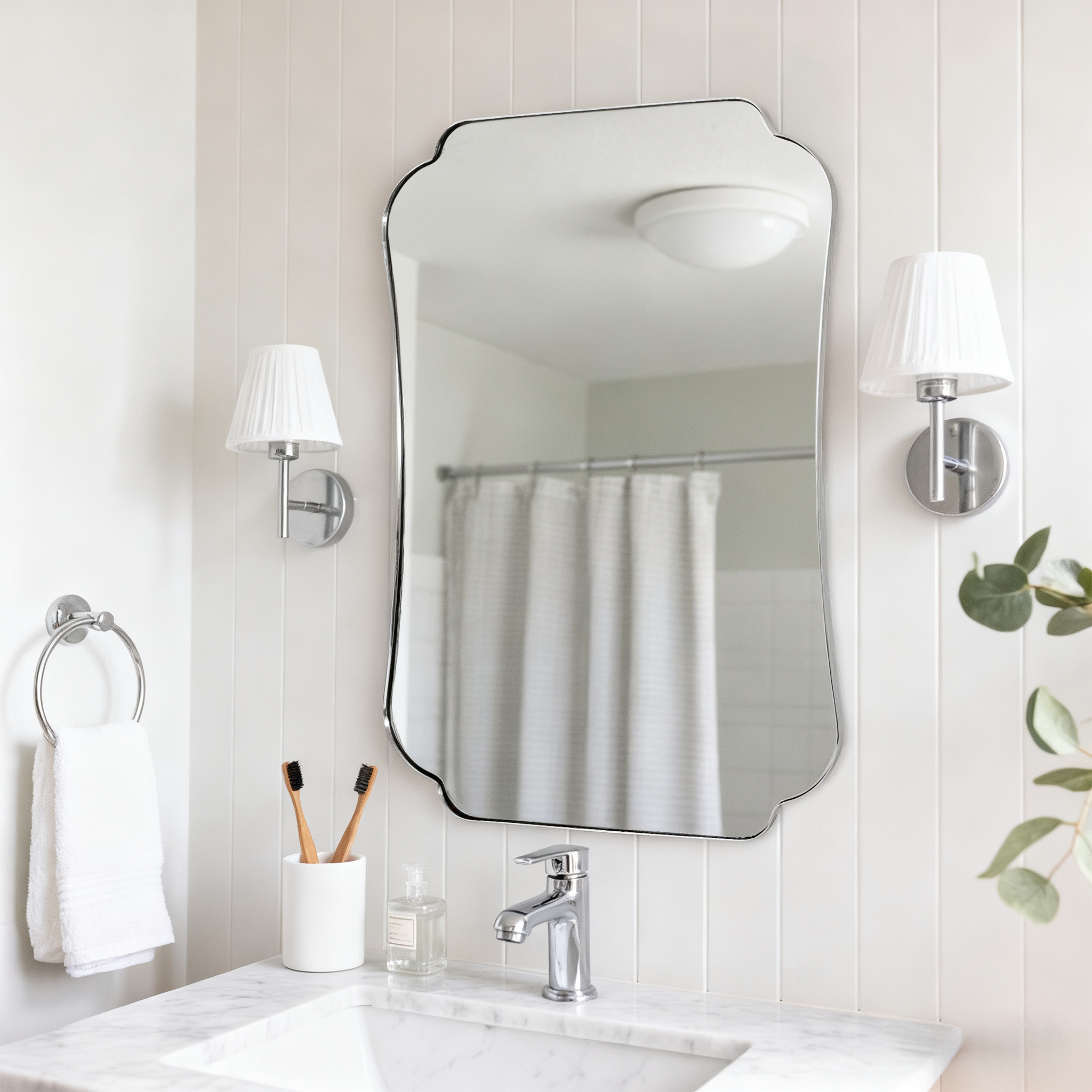 Contemporary Concave Edge Scalloped Bathroom Mirror Decorative | Stainless Steel Frame