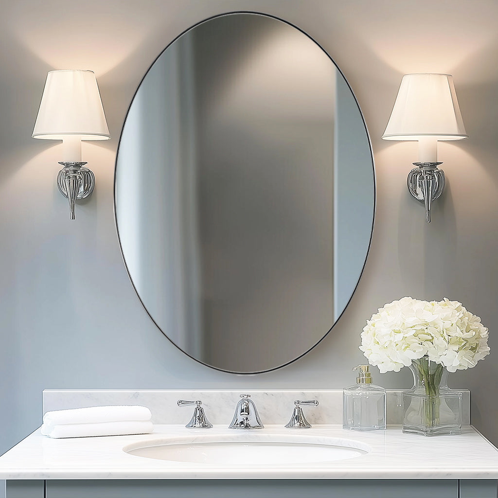 Open Box Like New: Modern Oval Bathroom Wall Mirrors |Stainless Steel Framed
