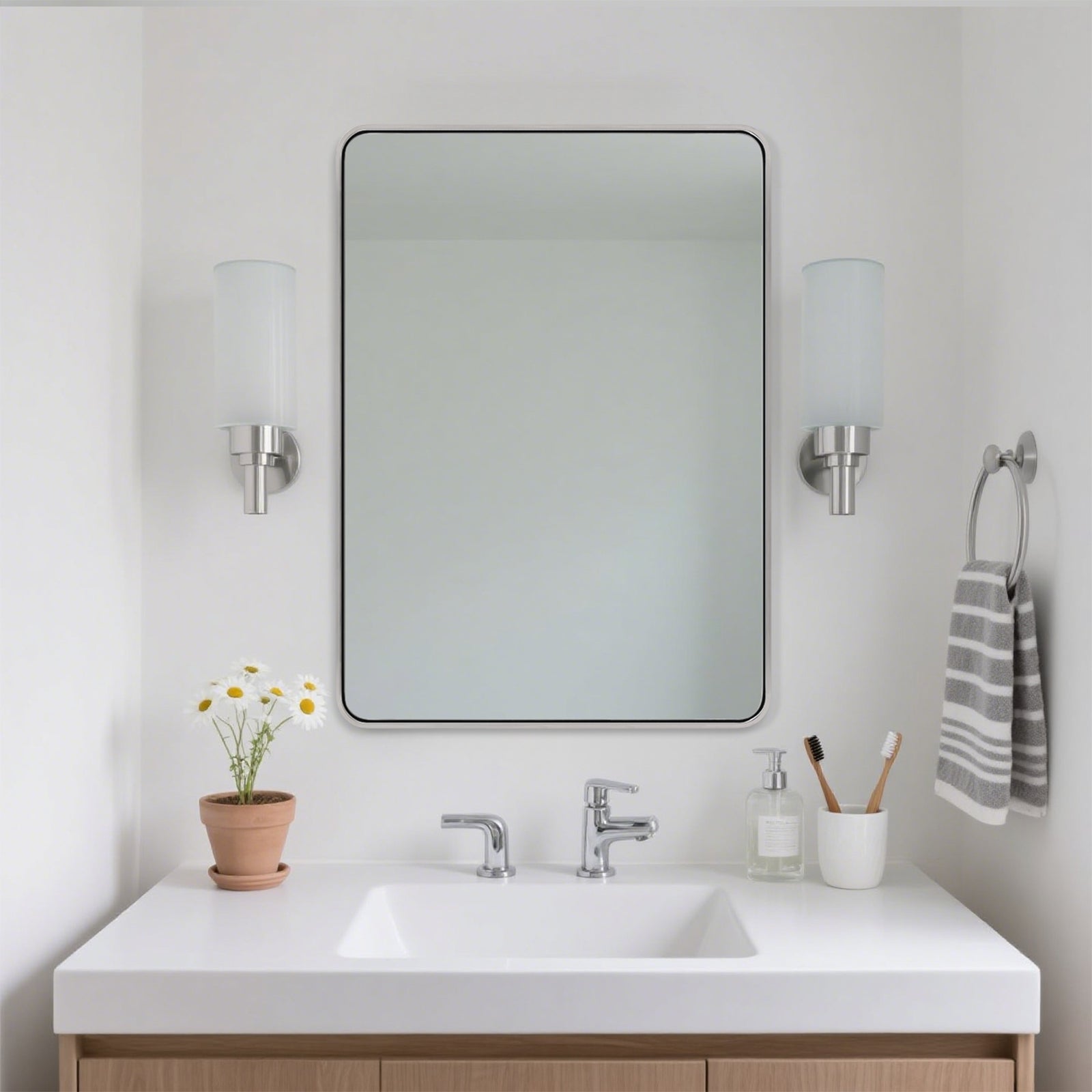 Modern Bold Stainless Steel Framed Rounded Rectangular Bathroom Wall Mirror