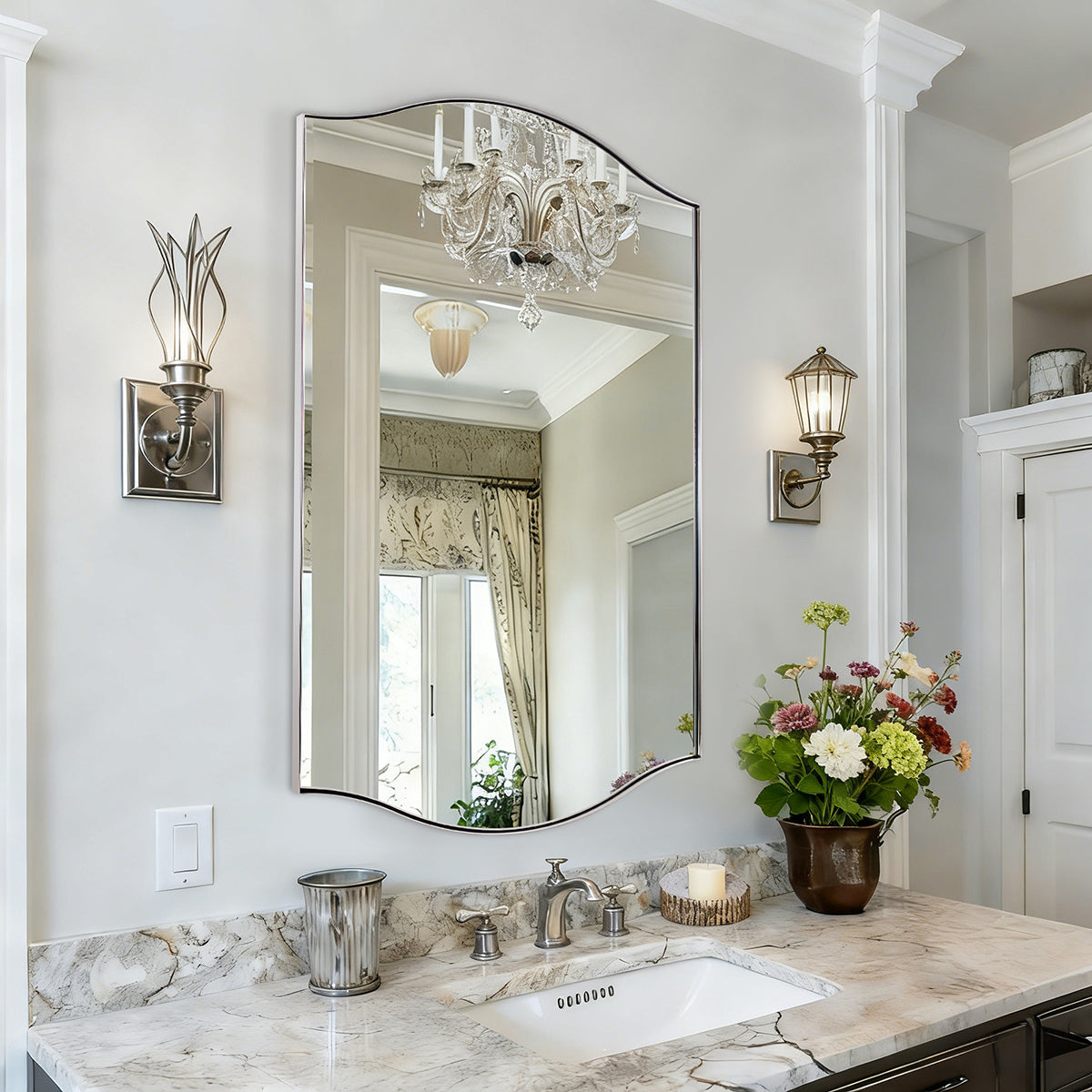 Dual Curve Arch Rectangular Scalloped Bathroom Wall Mirror |Stainless Steel Framed