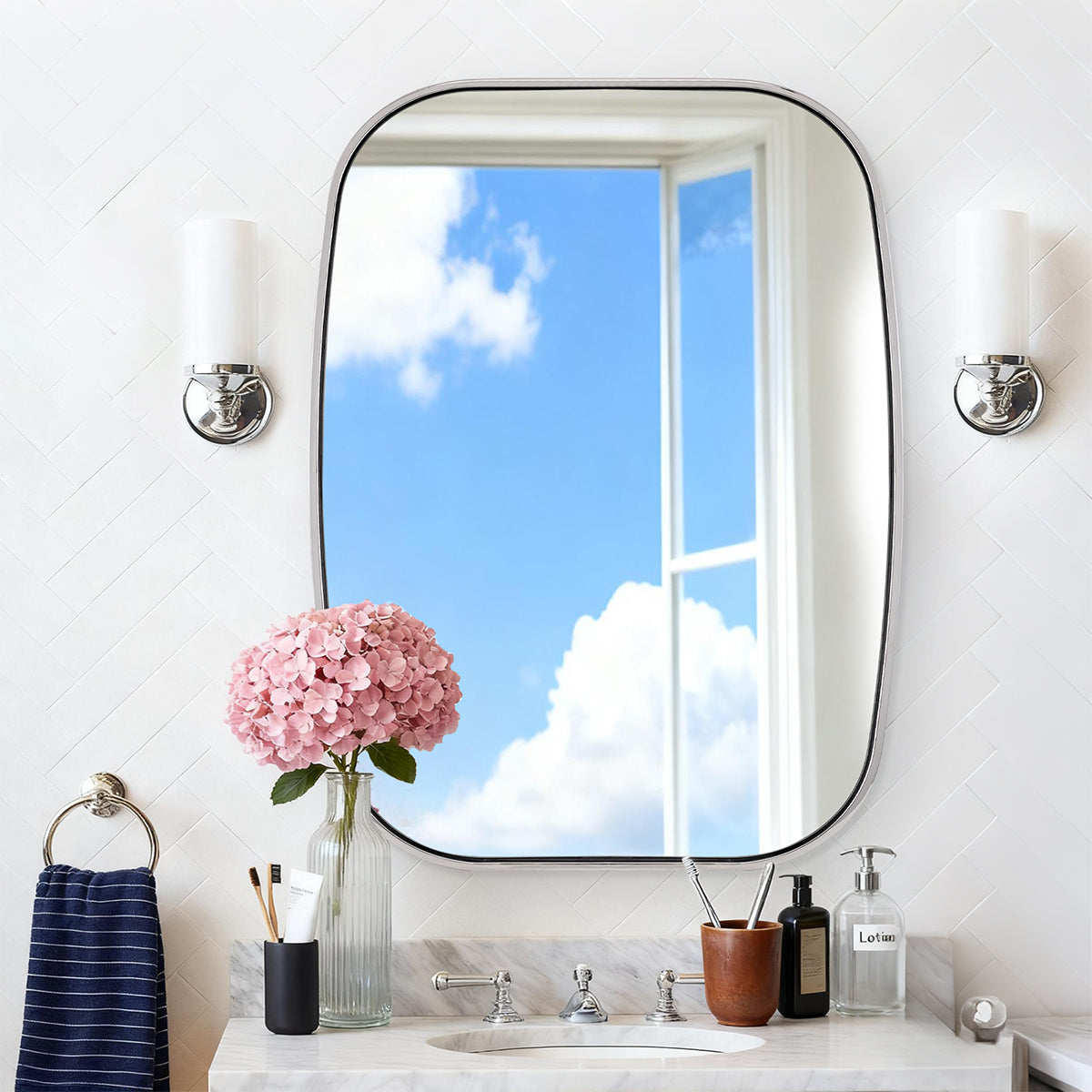 Contemporary Long Oval Oblong Bathroom Mirror | Stainless Steel Frame