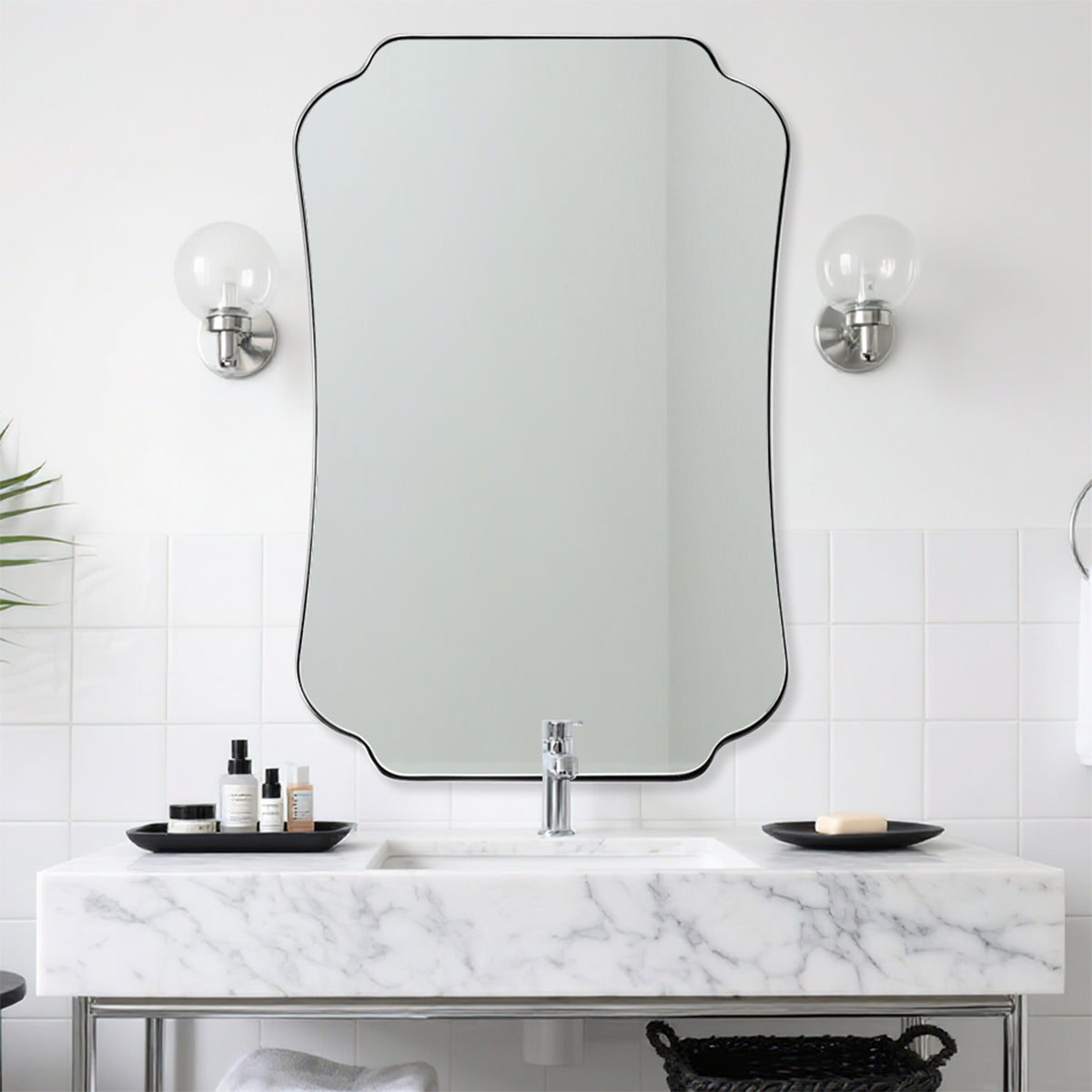 Contemporary Concave Edge Scalloped Bathroom Mirror Decorative | Stainless Steel Frame