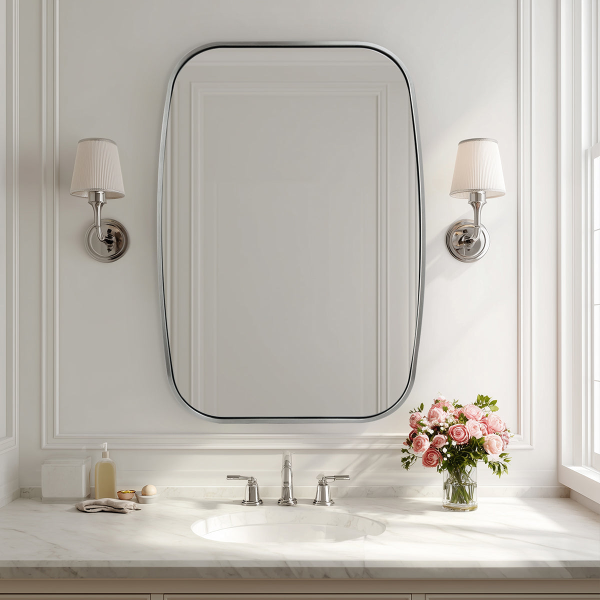 Contemporary Long Oval Oblong Bathroom Mirror | Stainless Steel Frame