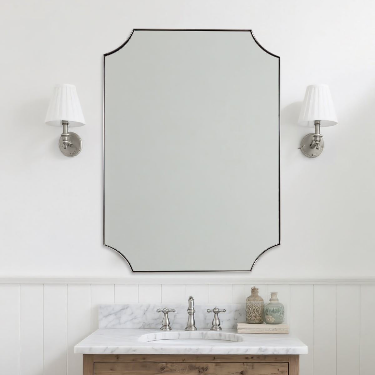 Modern Cut Corner Scalloped Rectangle Bathroom Vanity Mirror | Stainless Steel Frame