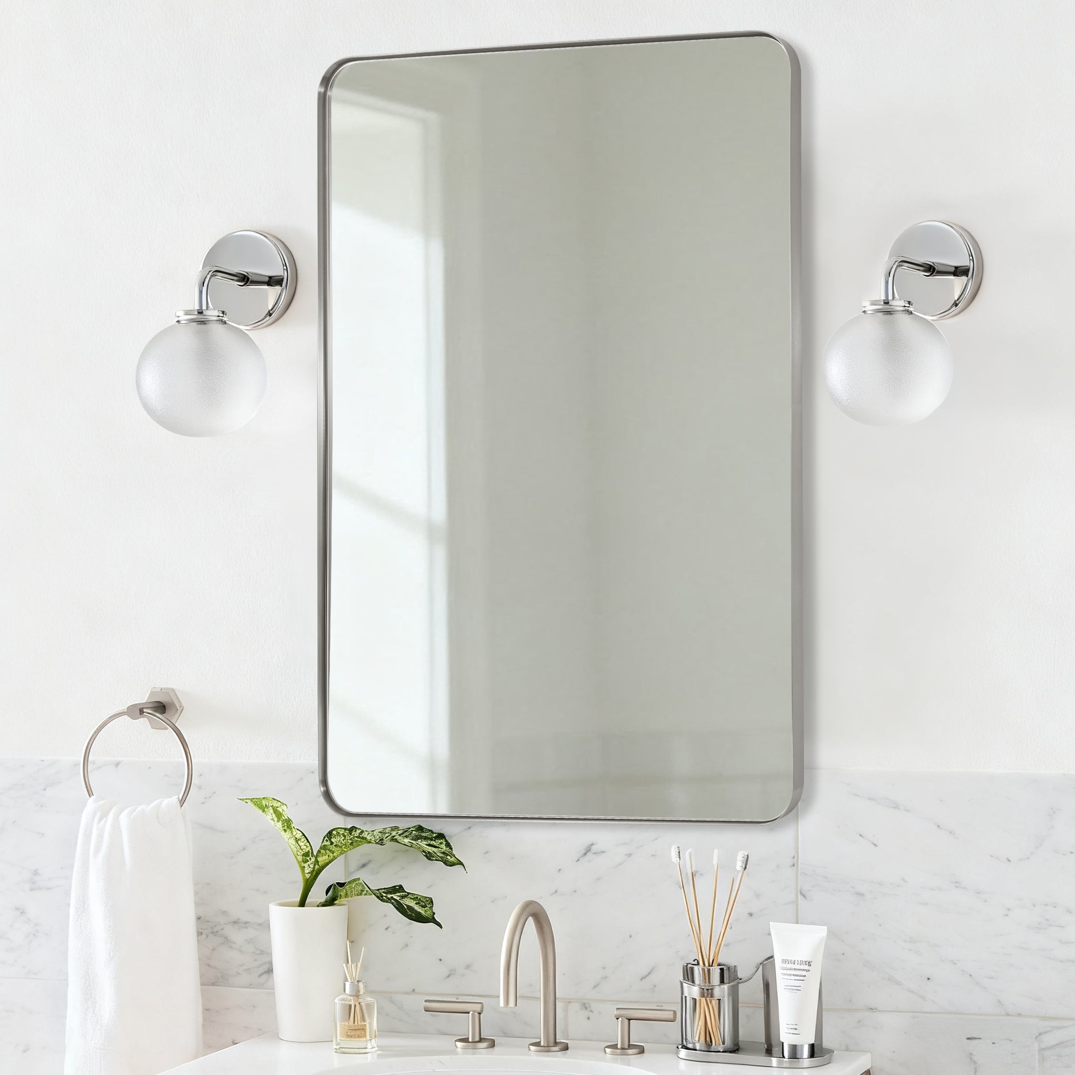 Open Box Like New : Modern Rounded Rectangle Mirror for Bathroom/ Vanity/ Wall | Stainless Steel Frame