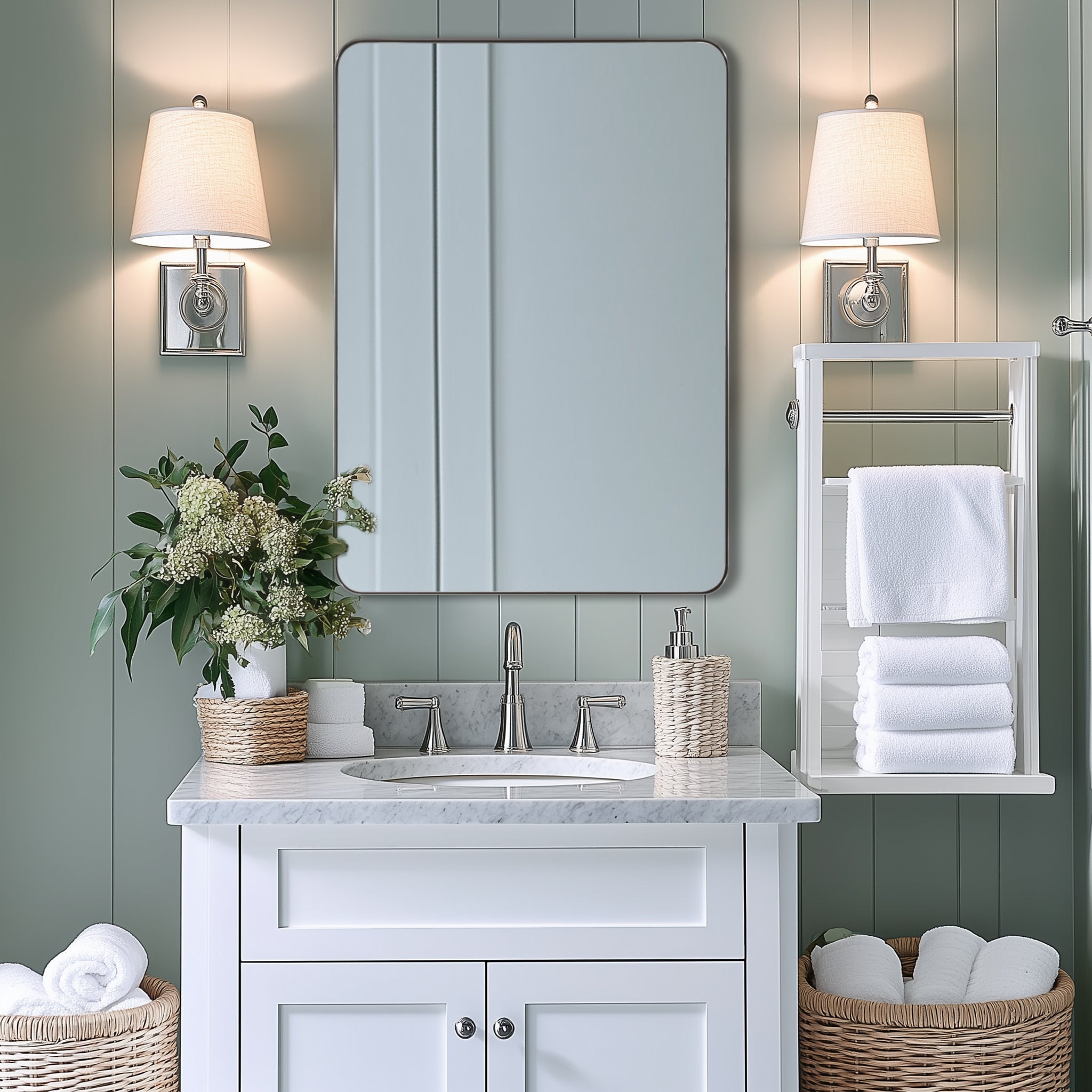 Open Box Like New : Modern Rounded Rectangle Mirror for Bathroom/ Vanity/ Wall | Stainless Steel Frame