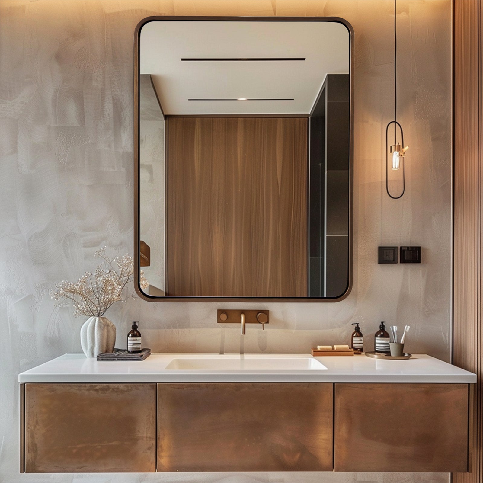 Modern Bold Stainless Steel Framed Rounded Rectangular Bathroom Wall Mirror