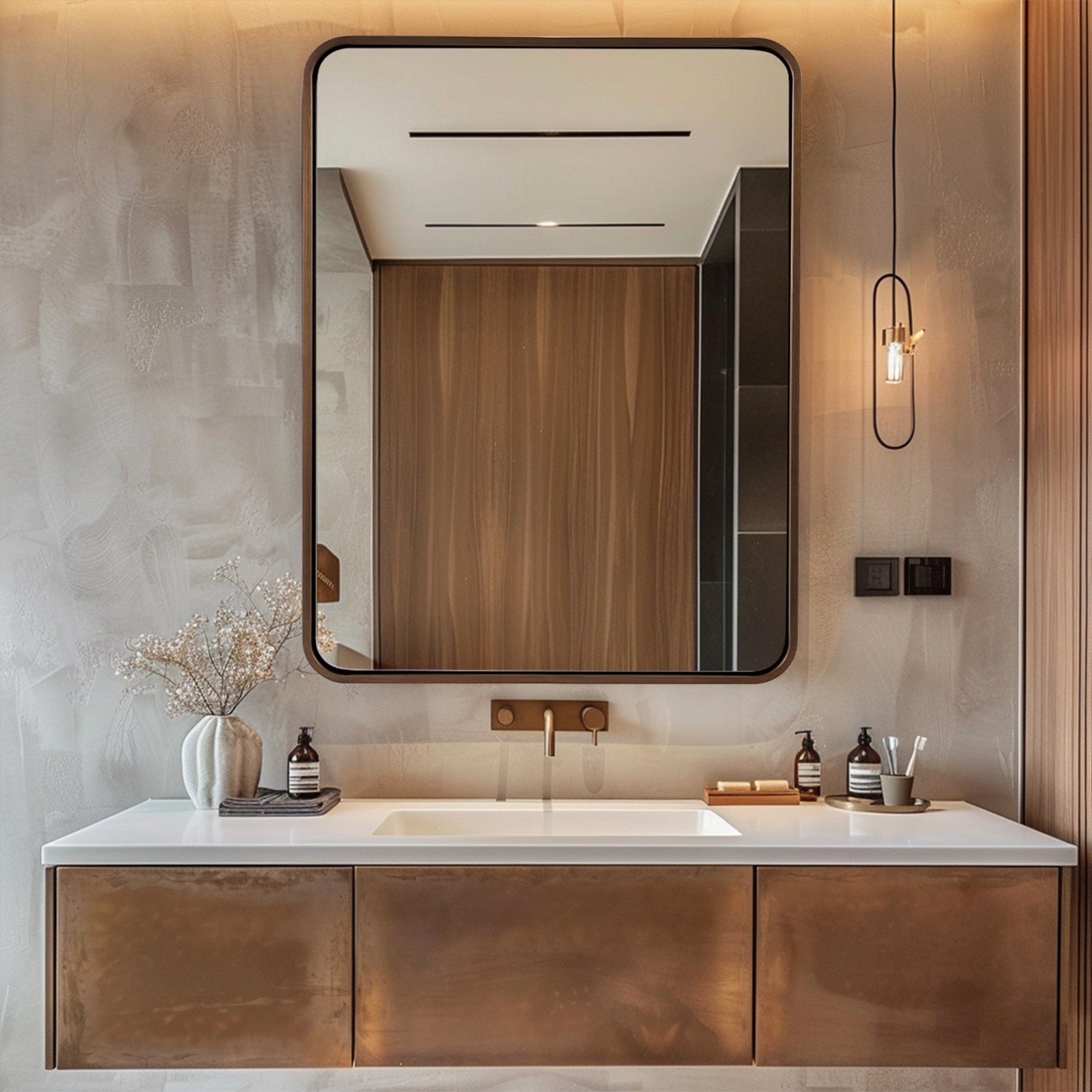 Contemporary Rounded Rectangular Bathroom Wall Mirror |Thicker Stainless Steel Framed