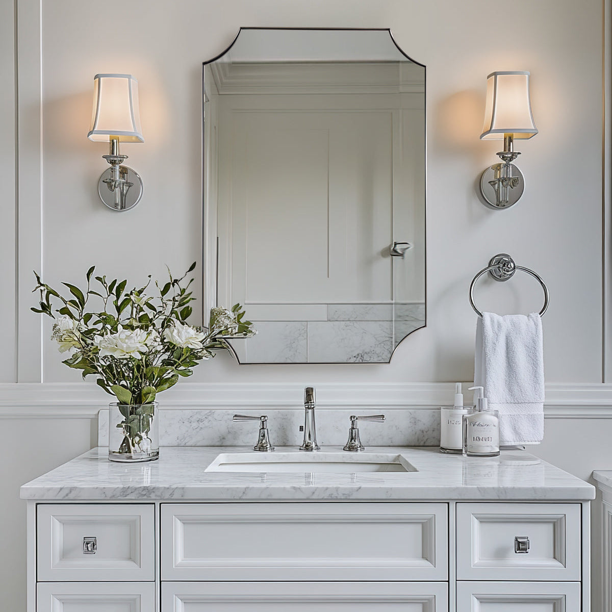 Contemporary Rounded Notched Corner Scalloped Rectangle Bathroom Vanity Mirror | Stainless Steel Frame