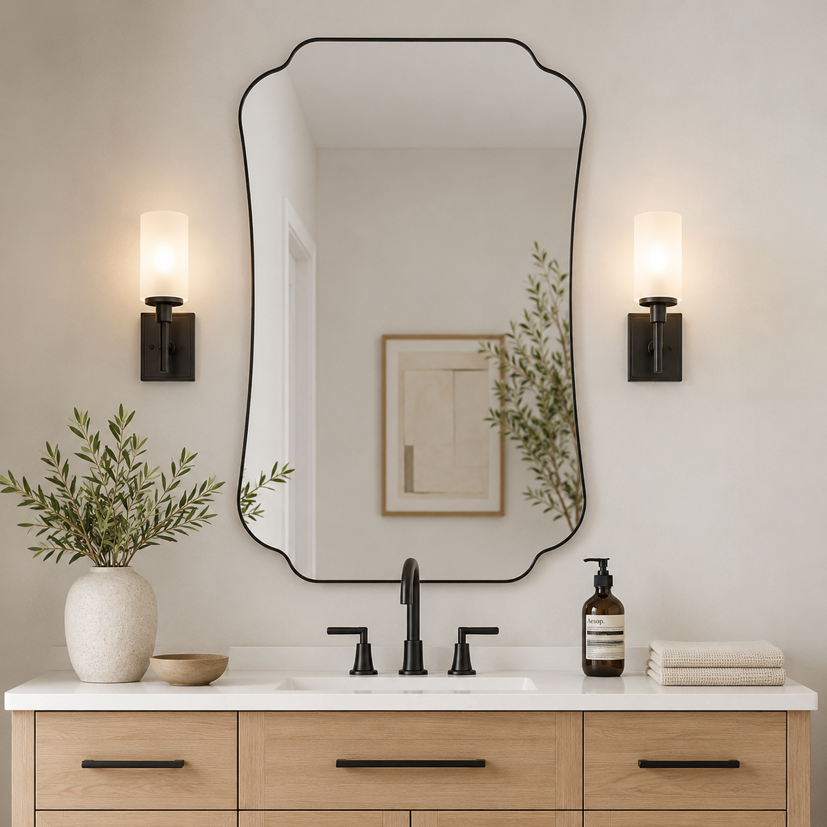 Contemporary Cut Corner Concave Edge Scalloped Bathroom Mirror | Stainless Steel Frame