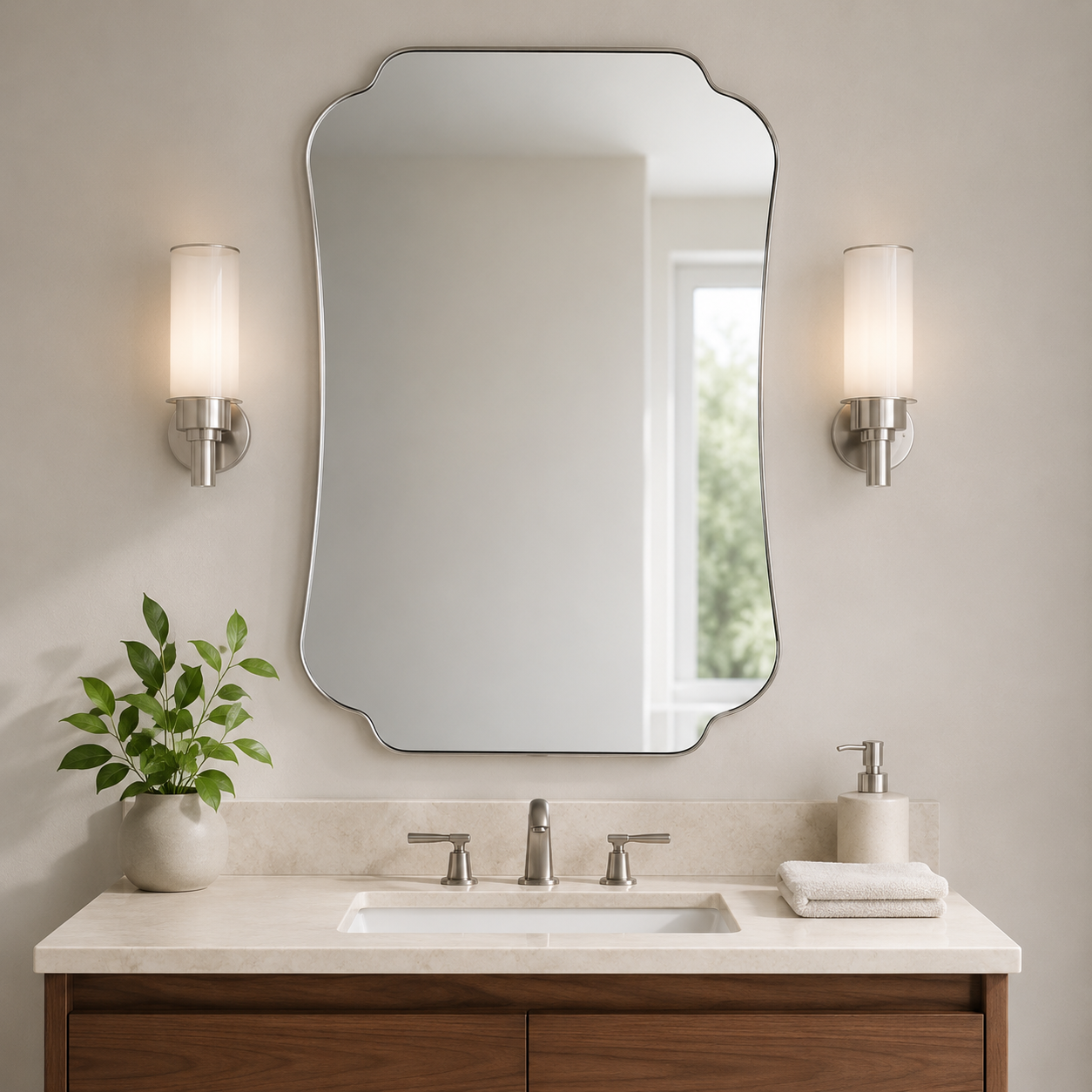 Contemporary Cut Corner Concave Edge Scalloped Bathroom Mirror | Stainless Steel Frame