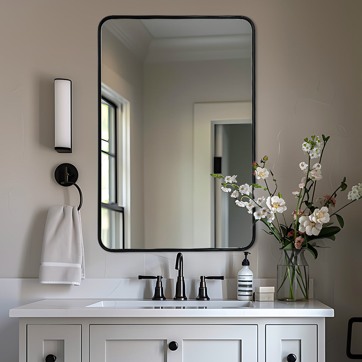 Contemporary Rounded Rectangular Bathroom Mirrors| Stainless Steel Thick Frame