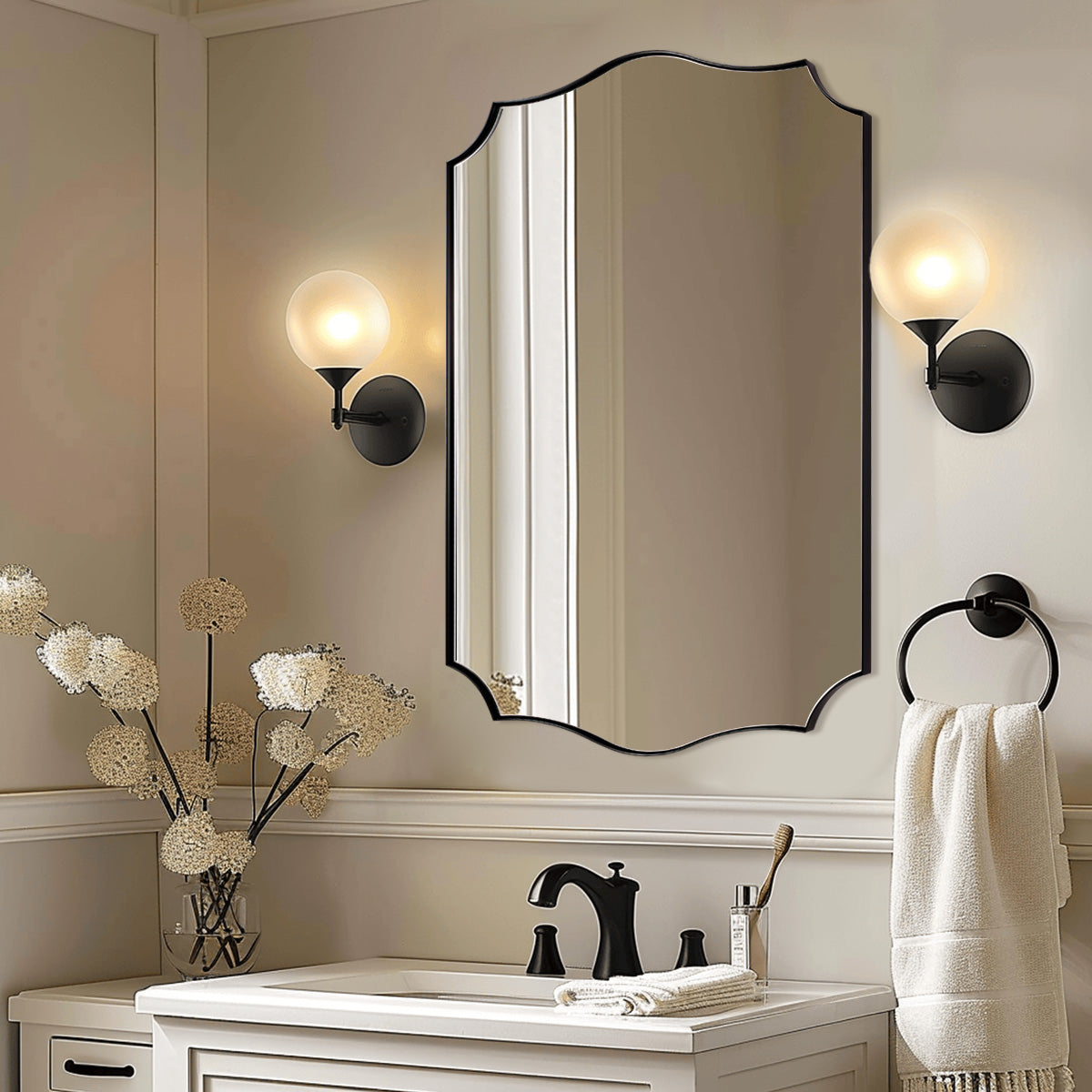 Traditional Rectangle Scalloped Wall Mirror for Bathroom | Stainless Steel Frame