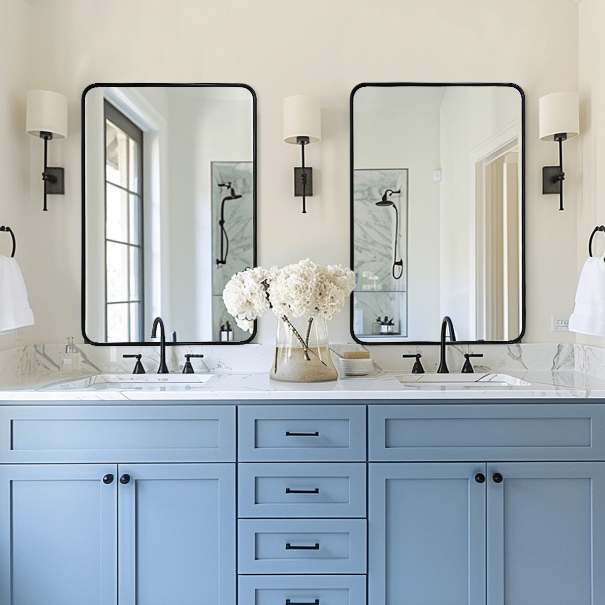 Contemporary Rounded Rectangular Bathroom Mirrors| Stainless Steel Thick Frame