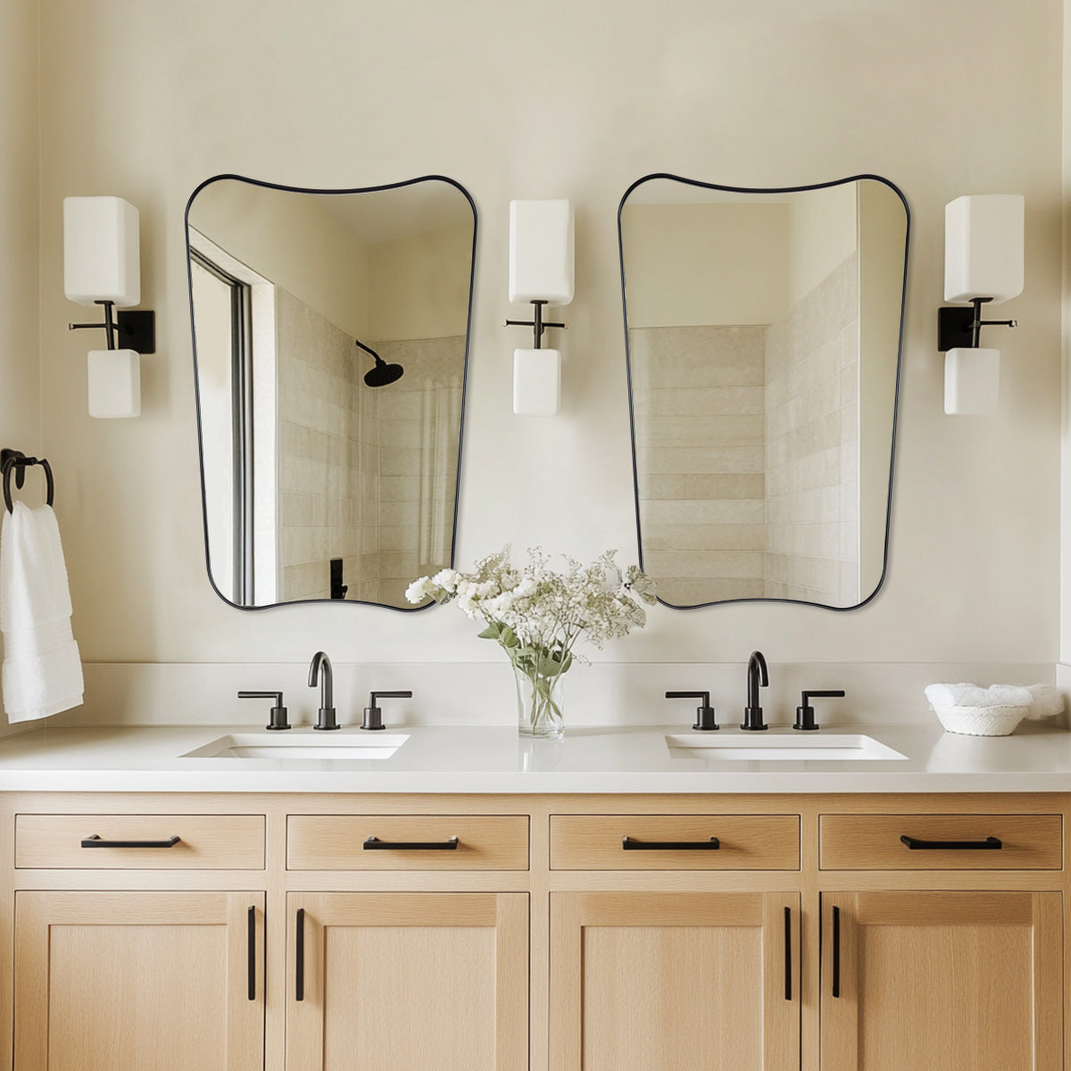 Modern Concave Top Rectangle Irregular Scalloped Bathroom Wall Mirror |Stainless Steel Frame